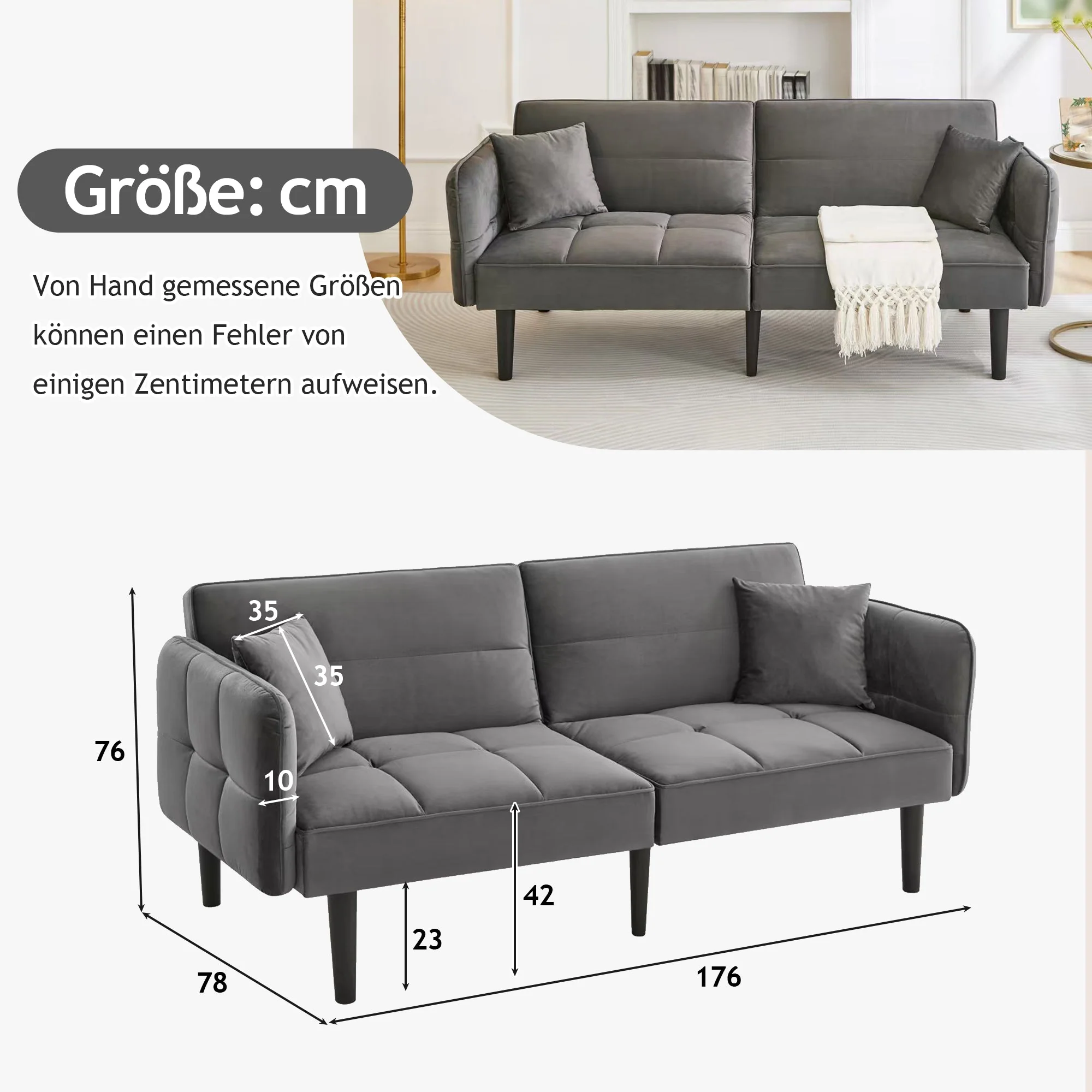 2-in-1 Sofa Bed, Two-seater Folding Armrests Sleeper, Velvet - Image 3