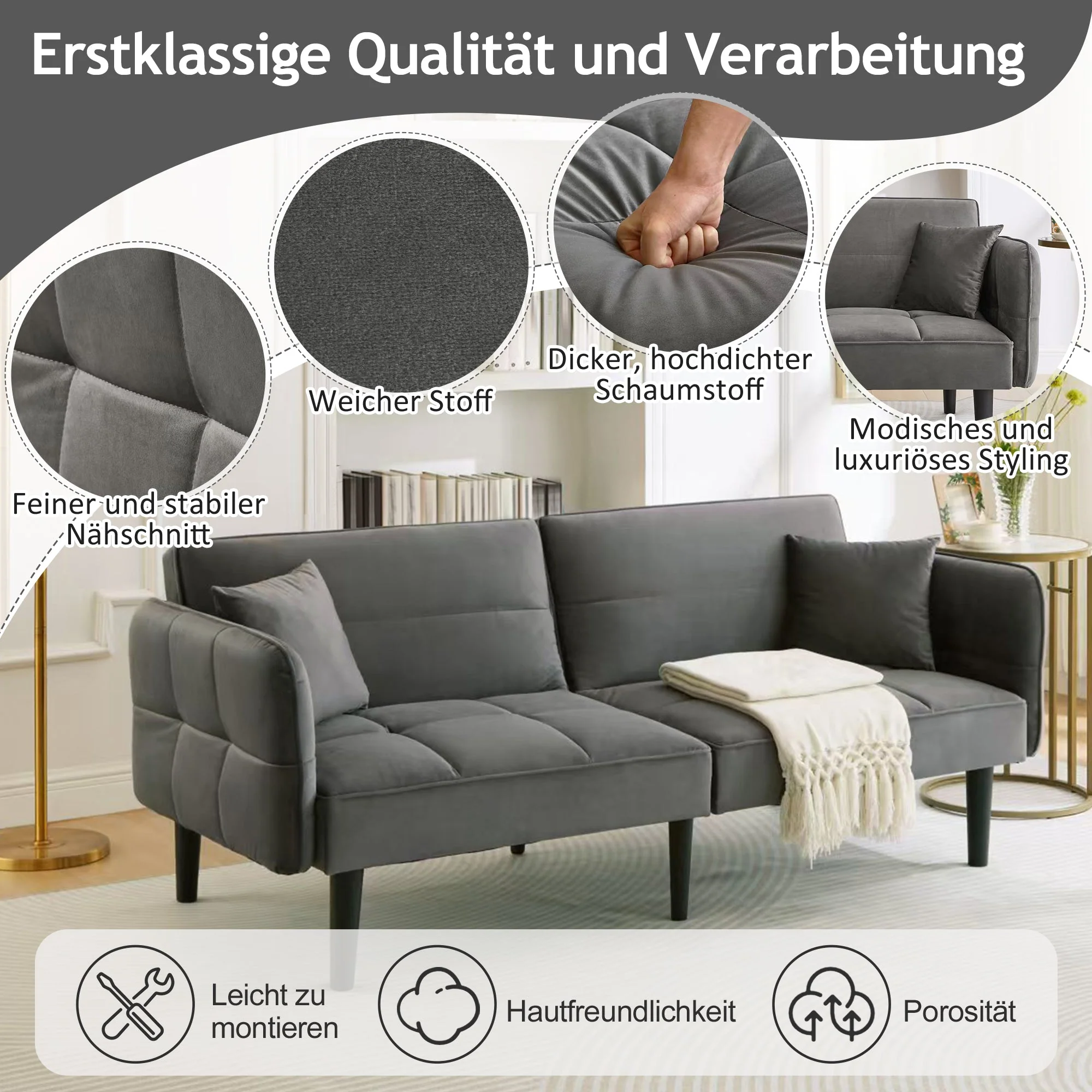 2-in-1 Sofa Bed, Two-seater Folding Armrests Sleeper, Velvet - Image 8