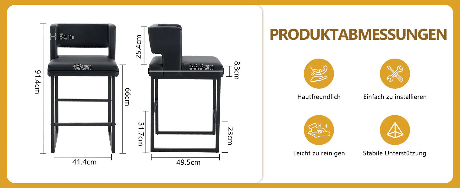 2-Pack Bar Stools Nordic Style Square Design Metal Legs - Black - Image 8