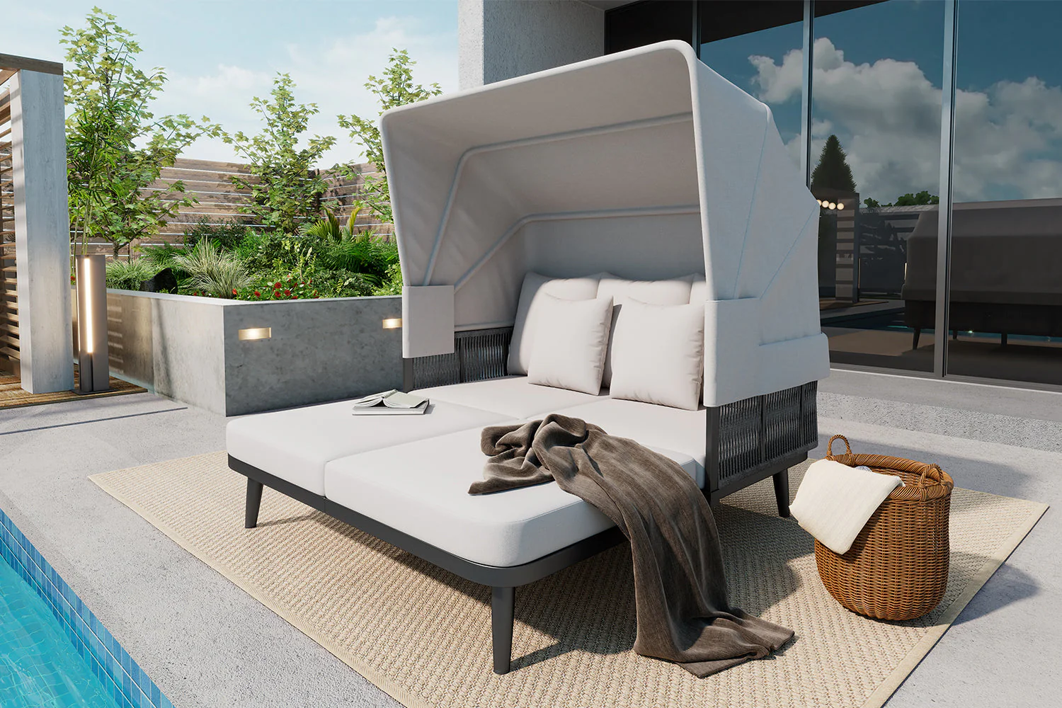 2-Person Garden Sun Lounger with Retractable Awning and Handwoven Rope, Grey - Image 9