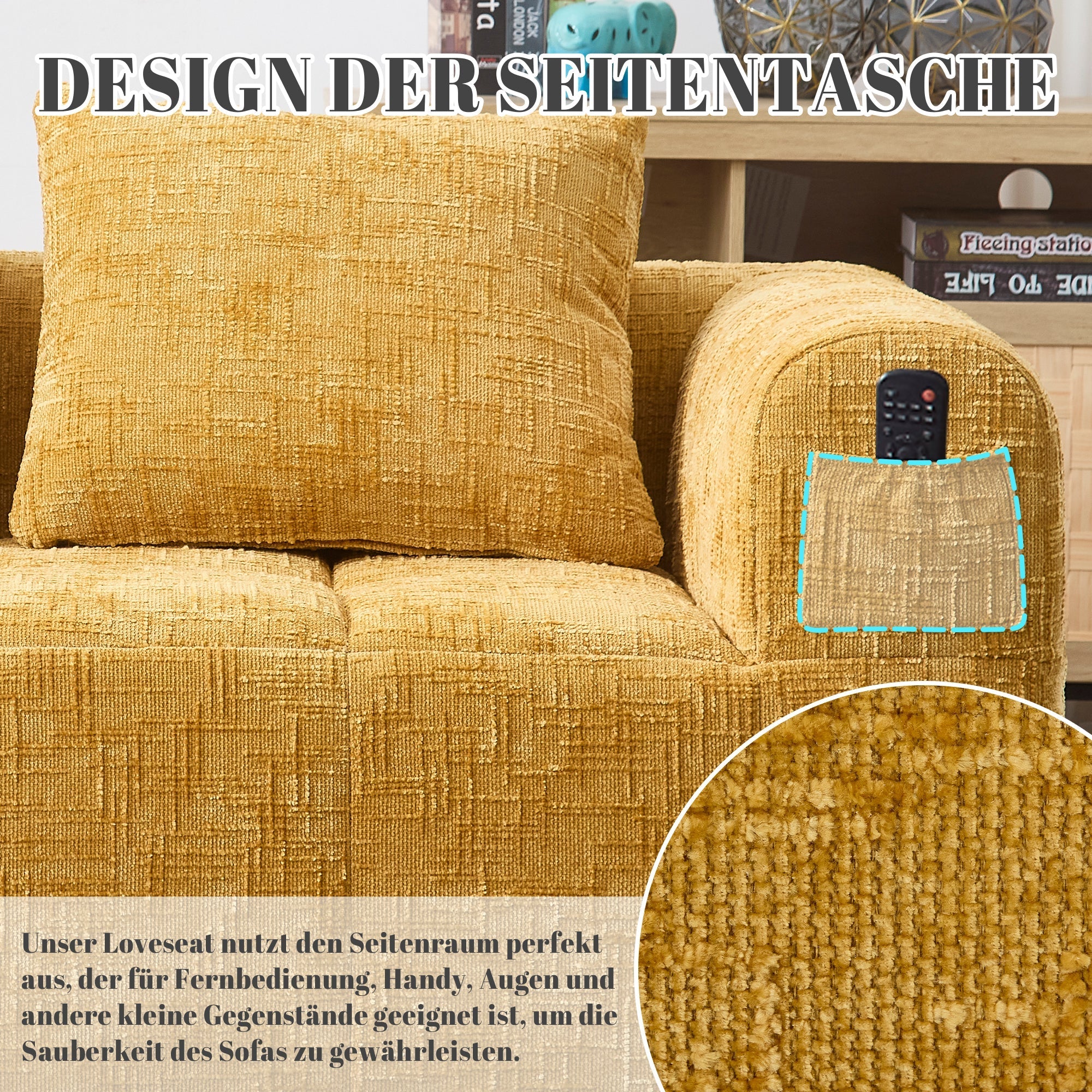 2-Person Sofa, Plush Cushion Side Pockets, Yellow - Image 4