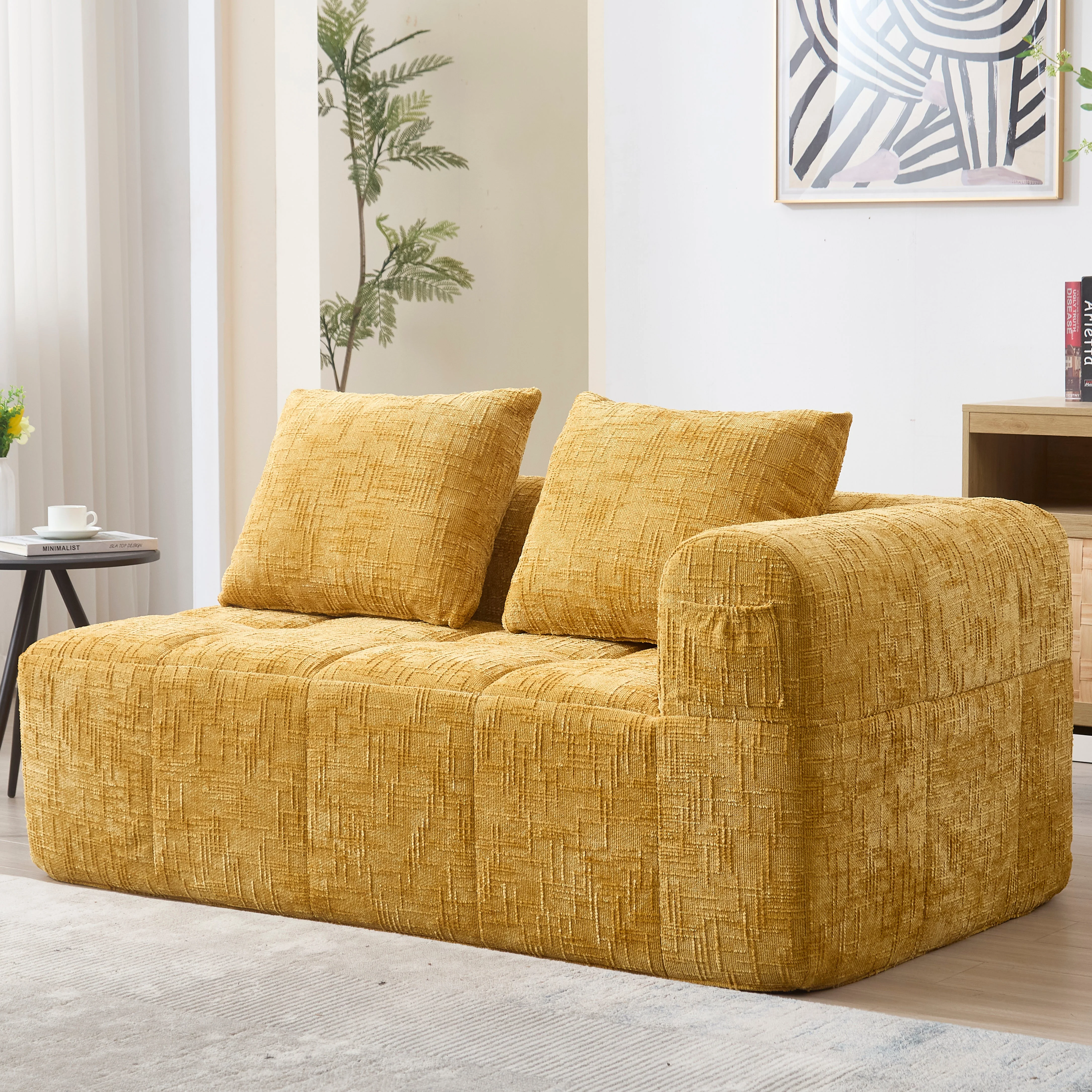 2-Person Sofa, Plush Cushion Side Pockets, Yellow - Image 5