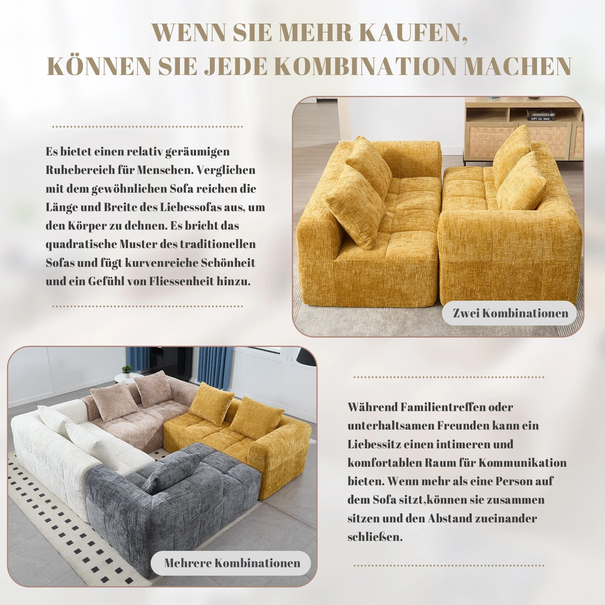 2-Person Sofa, Plush Cushion Side Pockets, Yellow - Image 6
