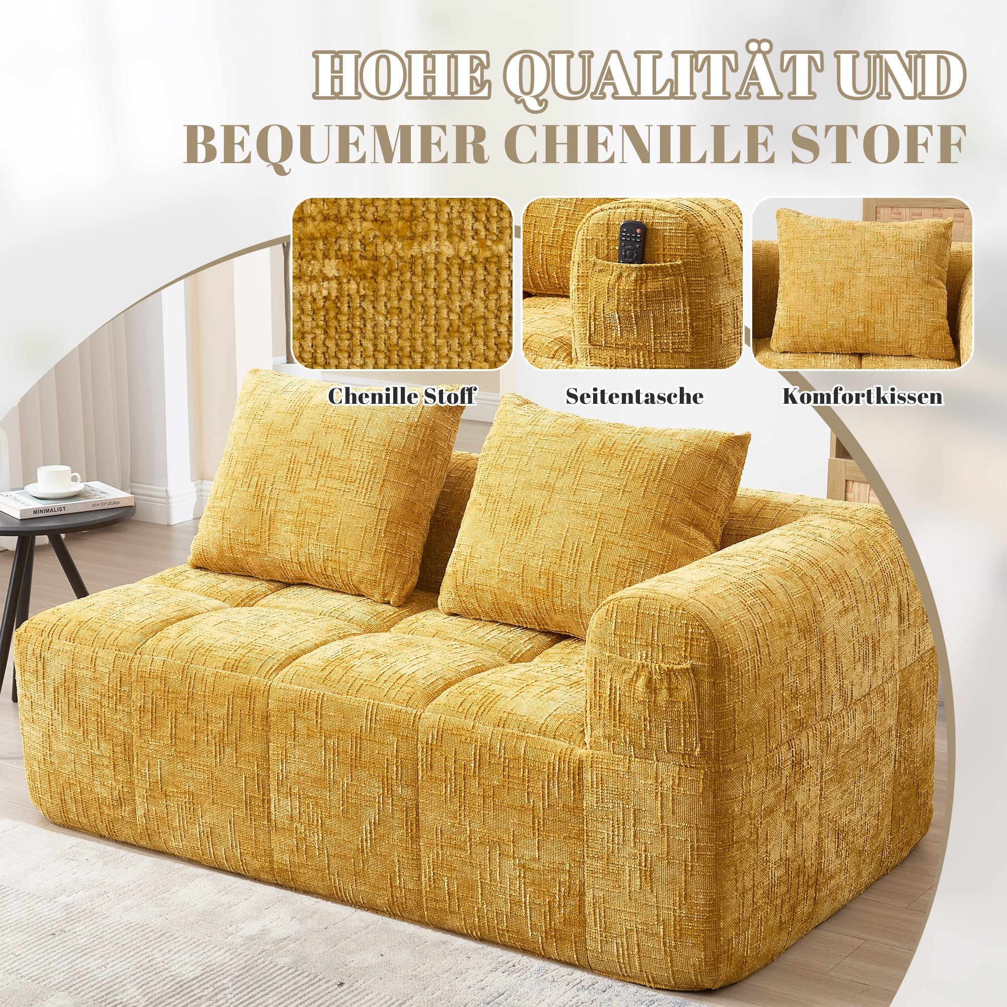 2-Person Sofa, Plush Cushion Side Pockets, Yellow - Image 7