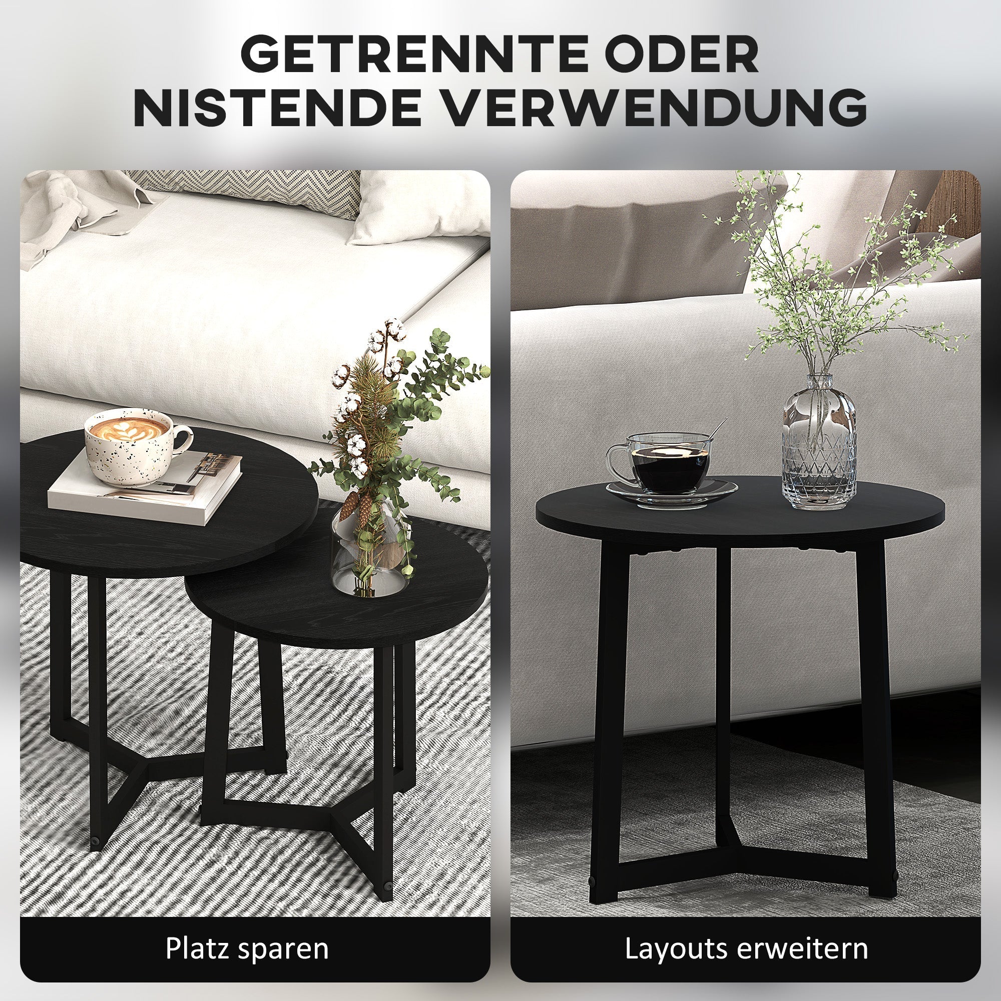 2-Piece Coffee Table Set Round Side Steel Frame, Black - Image 4