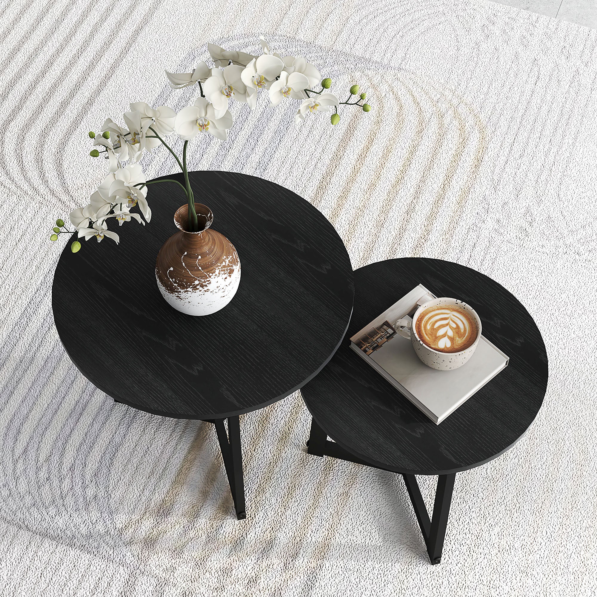 2-Piece Coffee Table Set Round Side Steel Frame, Black - Image 7