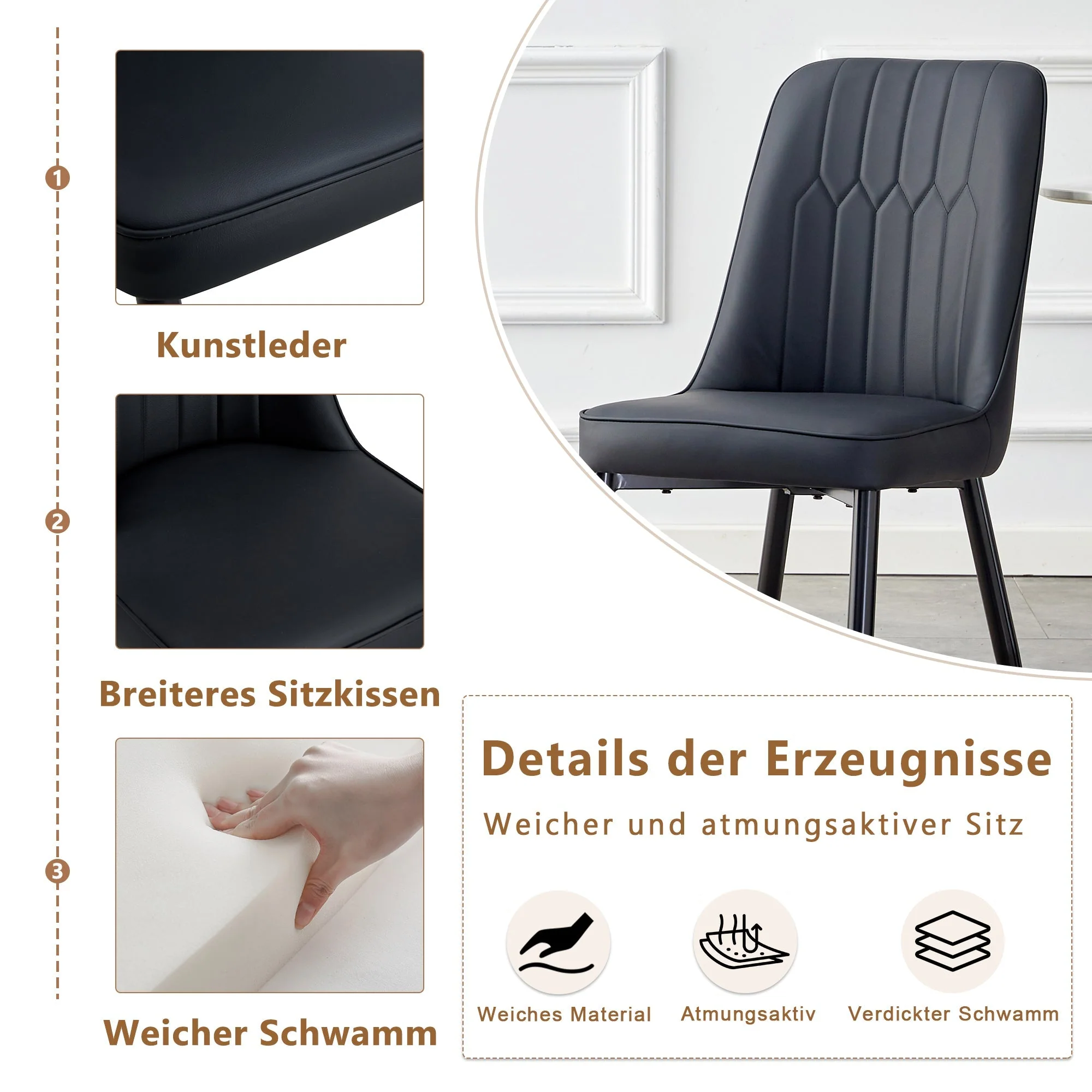 2-Piece Dining Chair Modern PU Leather Back Cushion Metal Legs Black - Image 7