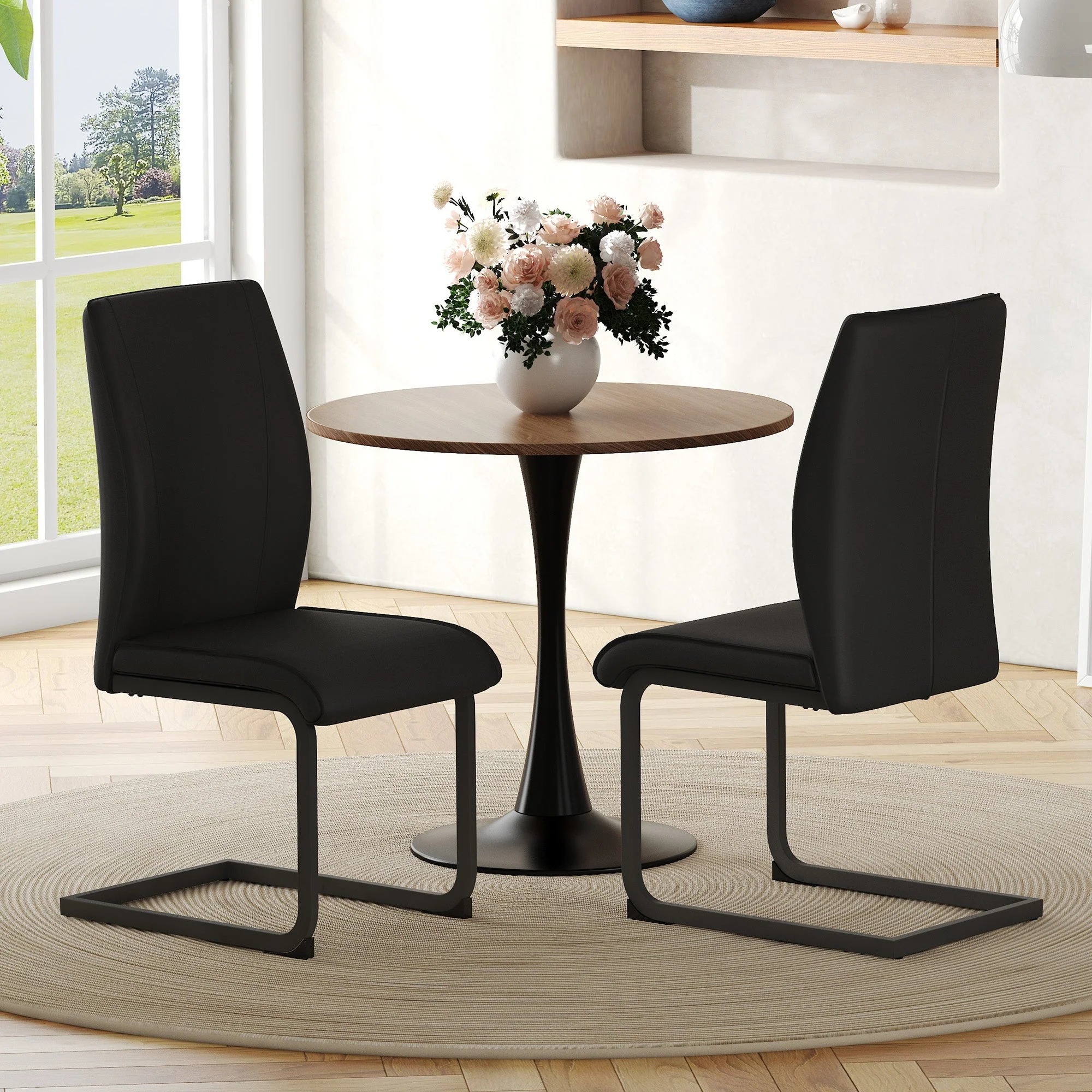 2-Piece Dining Chair Set Ergonomic Metal Legs - Black PU - Image 2