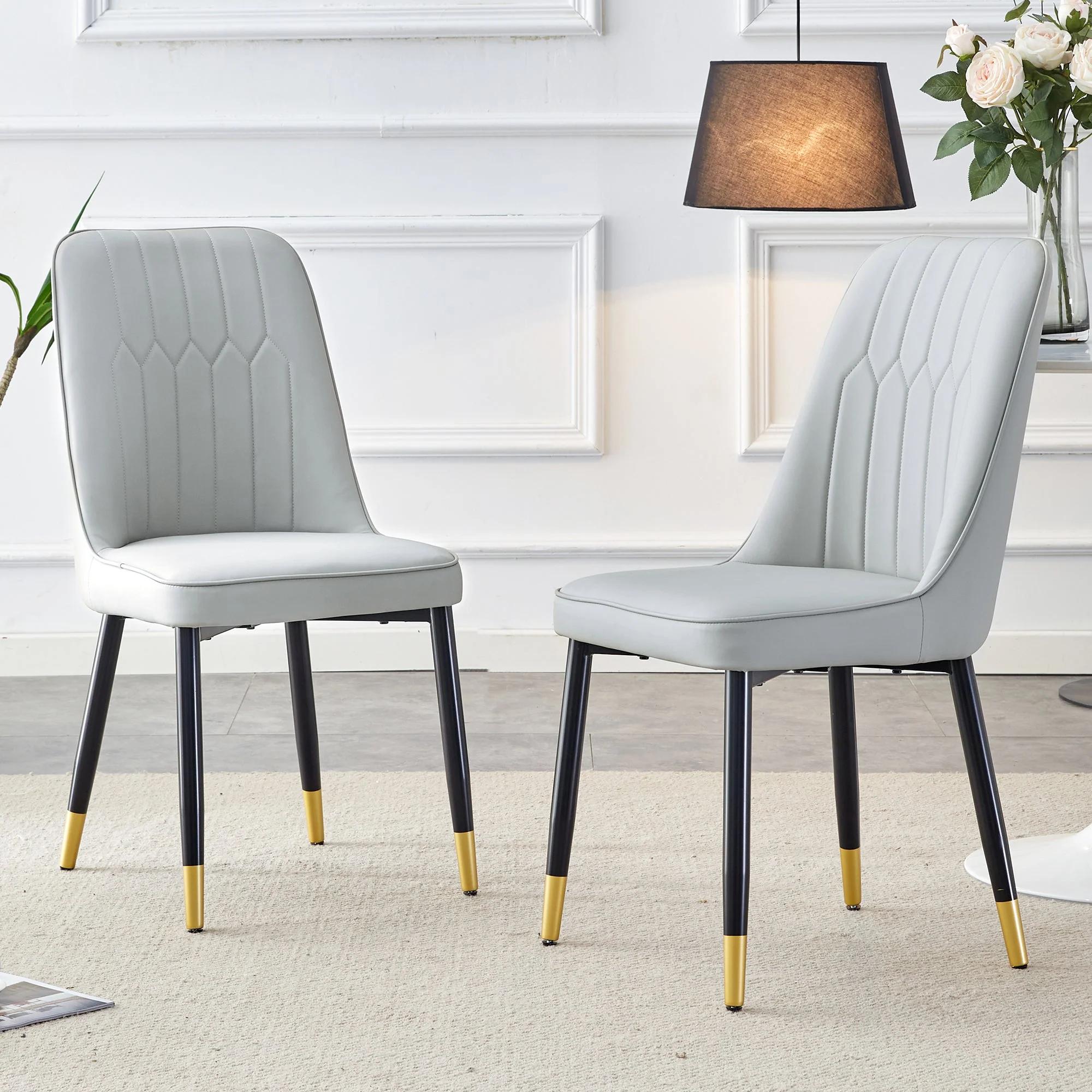 2-Piece Dining Chair Set PU Leather Back Black Metal Legs - Light Grey - Image 2