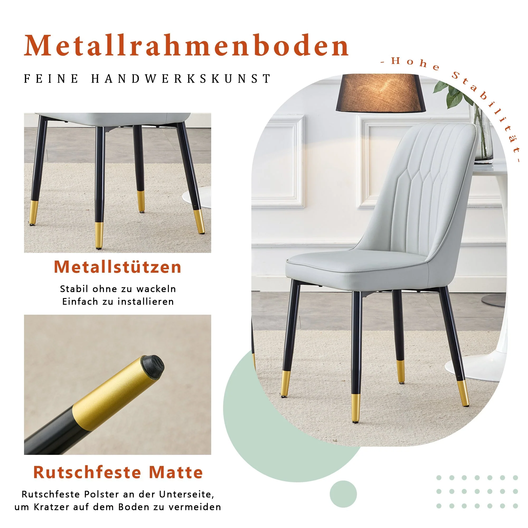 2-Piece Dining Chair Set PU Leather Back Black Metal Legs - Light Grey - Image 7