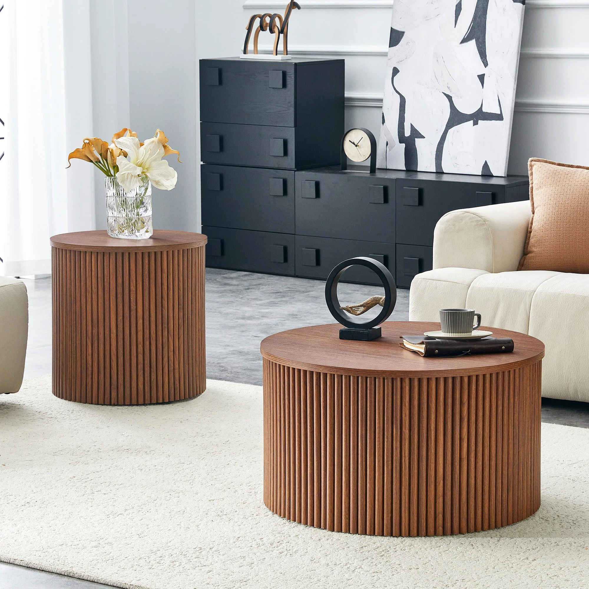 2-Piece Nesting Coffee Table Set, Roman Column Round Design with Built-in Storage, Walnut Grain MDF - Image 5