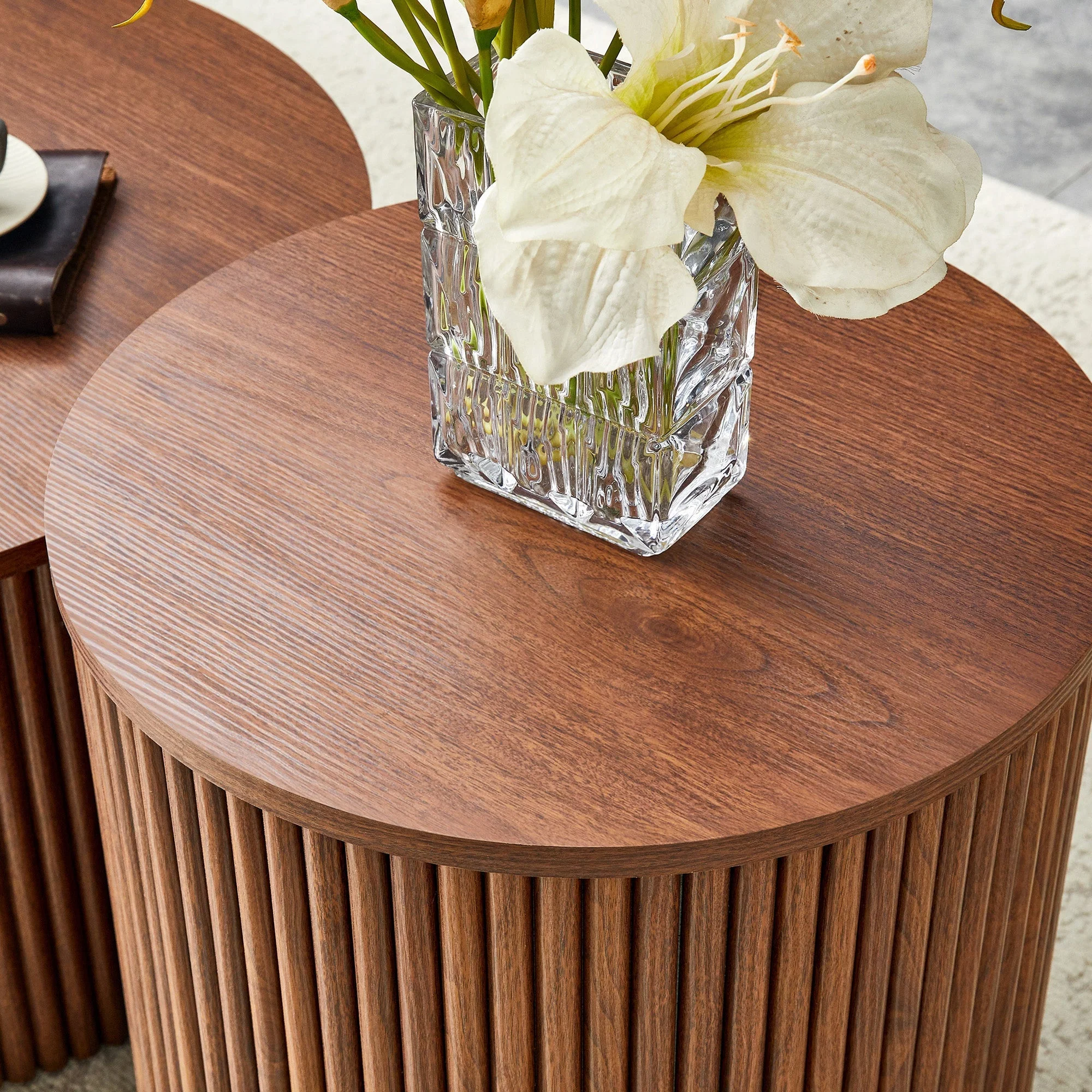 2-Piece Nesting Coffee Table Set, Roman Column Round Design with Built-in Storage, Walnut Grain MDF - Image 9