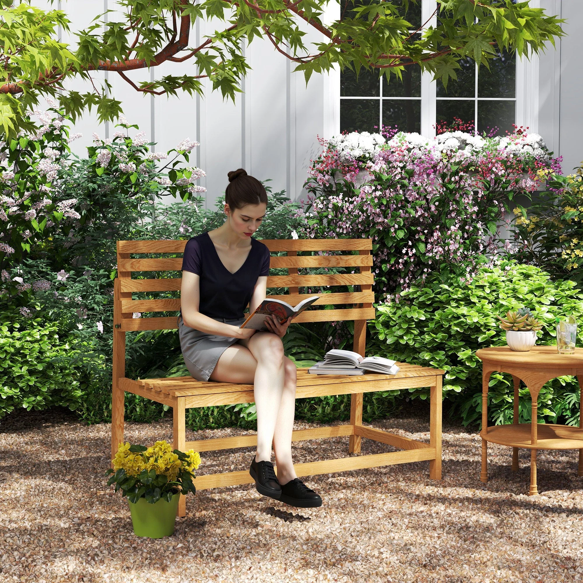 2-seater Garden Bench, Weatherproof Convertible, Teak Wood - Image 3