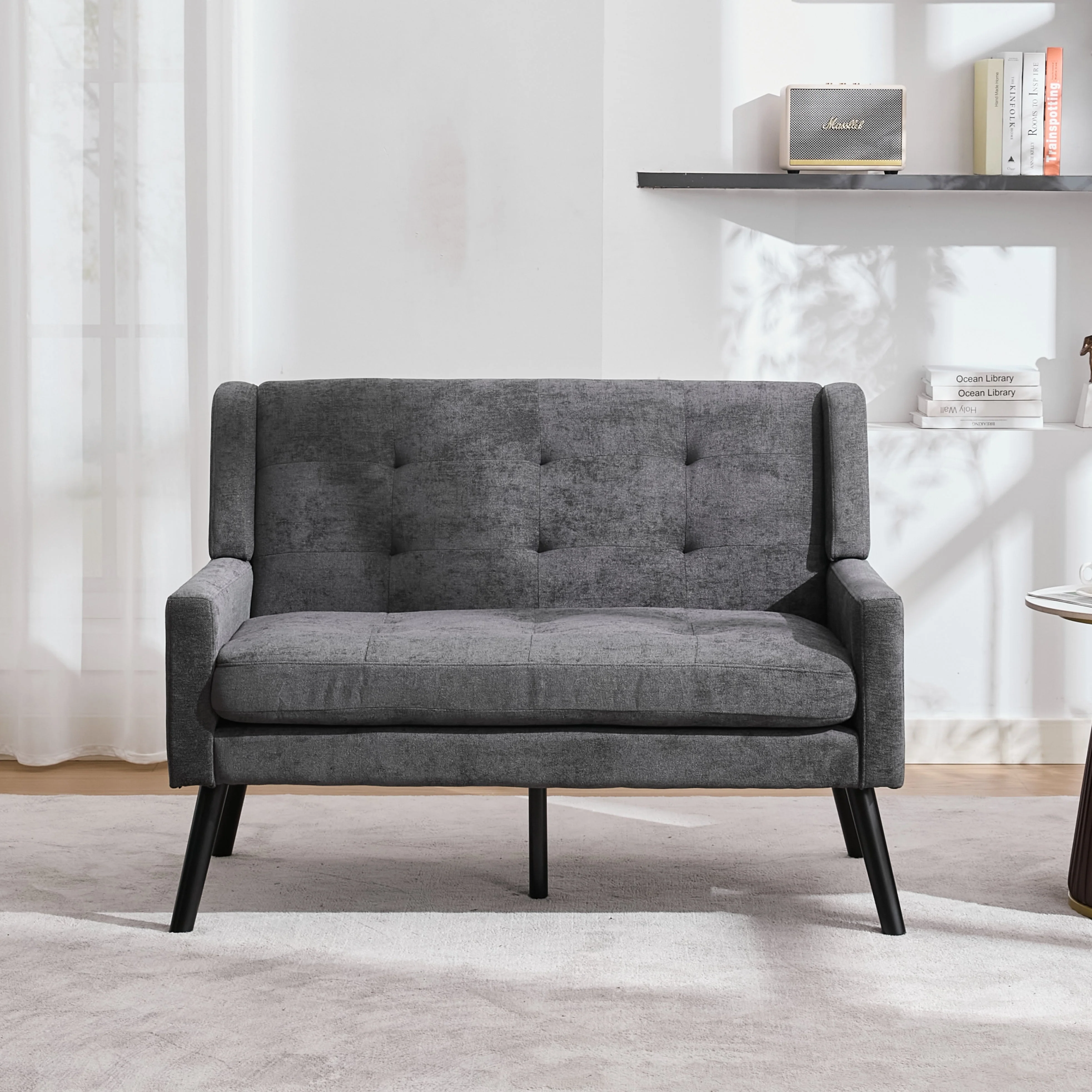 2-Seater Linen Bench with Solid Wood Legs and Button-Tufted Cushion, Natural Linen - Image 2