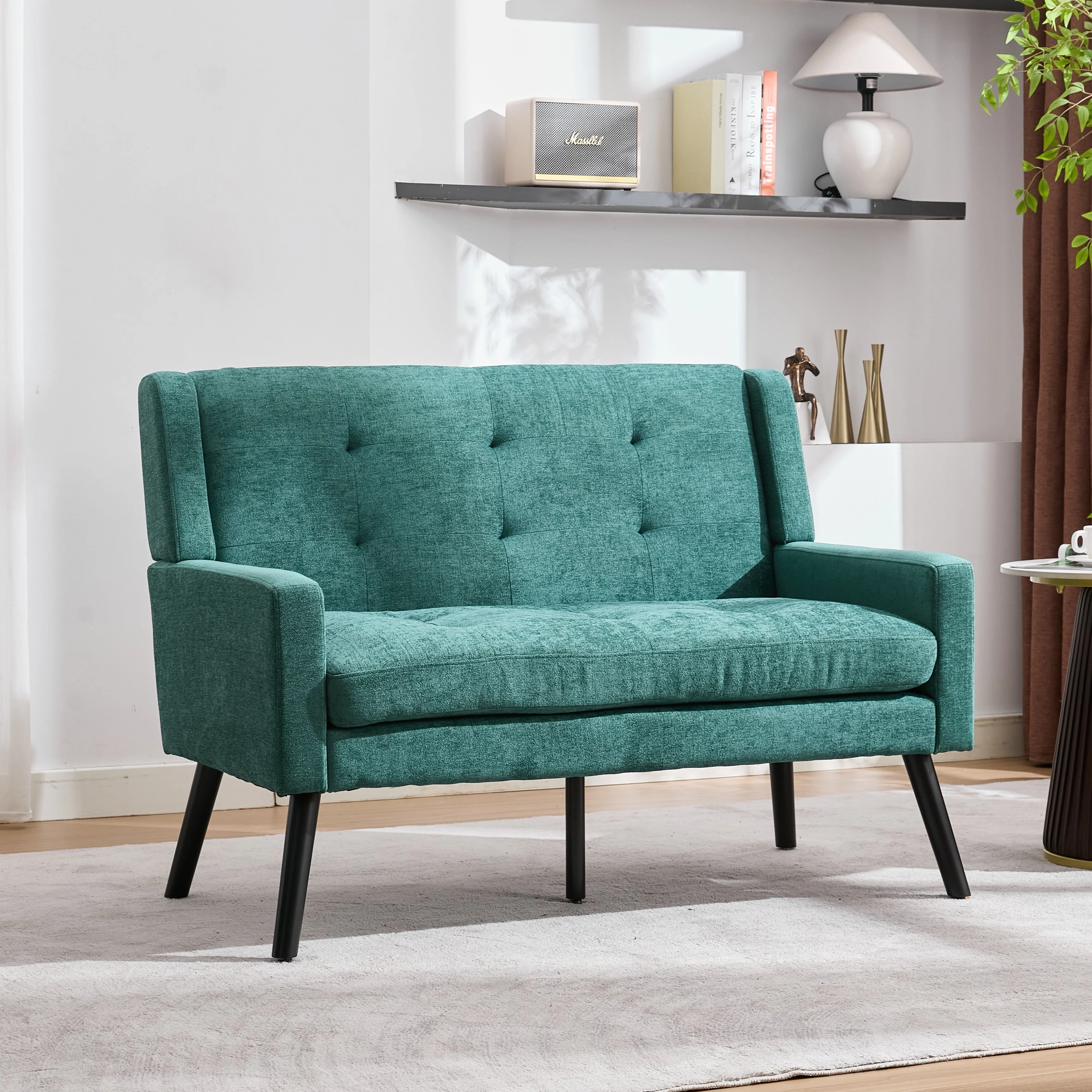 2-Seater Linen Bench with Solid Wood Legs and Button Tufting, Natural Linen Tone - Image 3