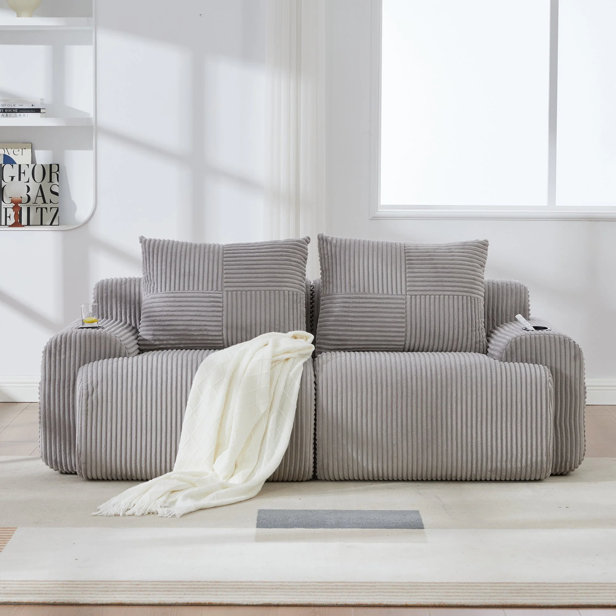 2-Seater Modular Sofa with Cup Holder and Side Pocket, Light Grey Corduroy - Image 9