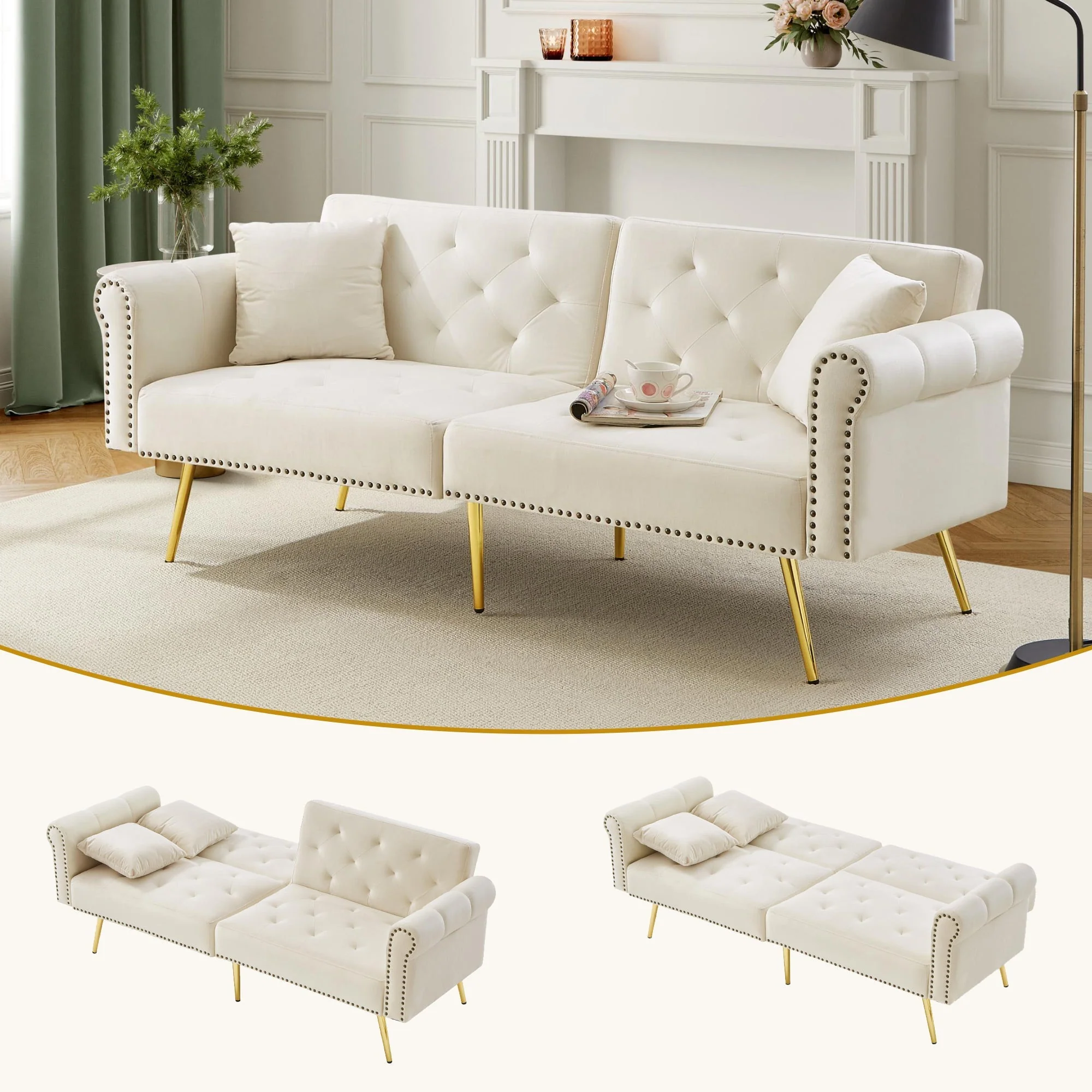 2-Seater Sofa Bed 3-Position Adjustable Back Gold Legs - Velvet - Image 10