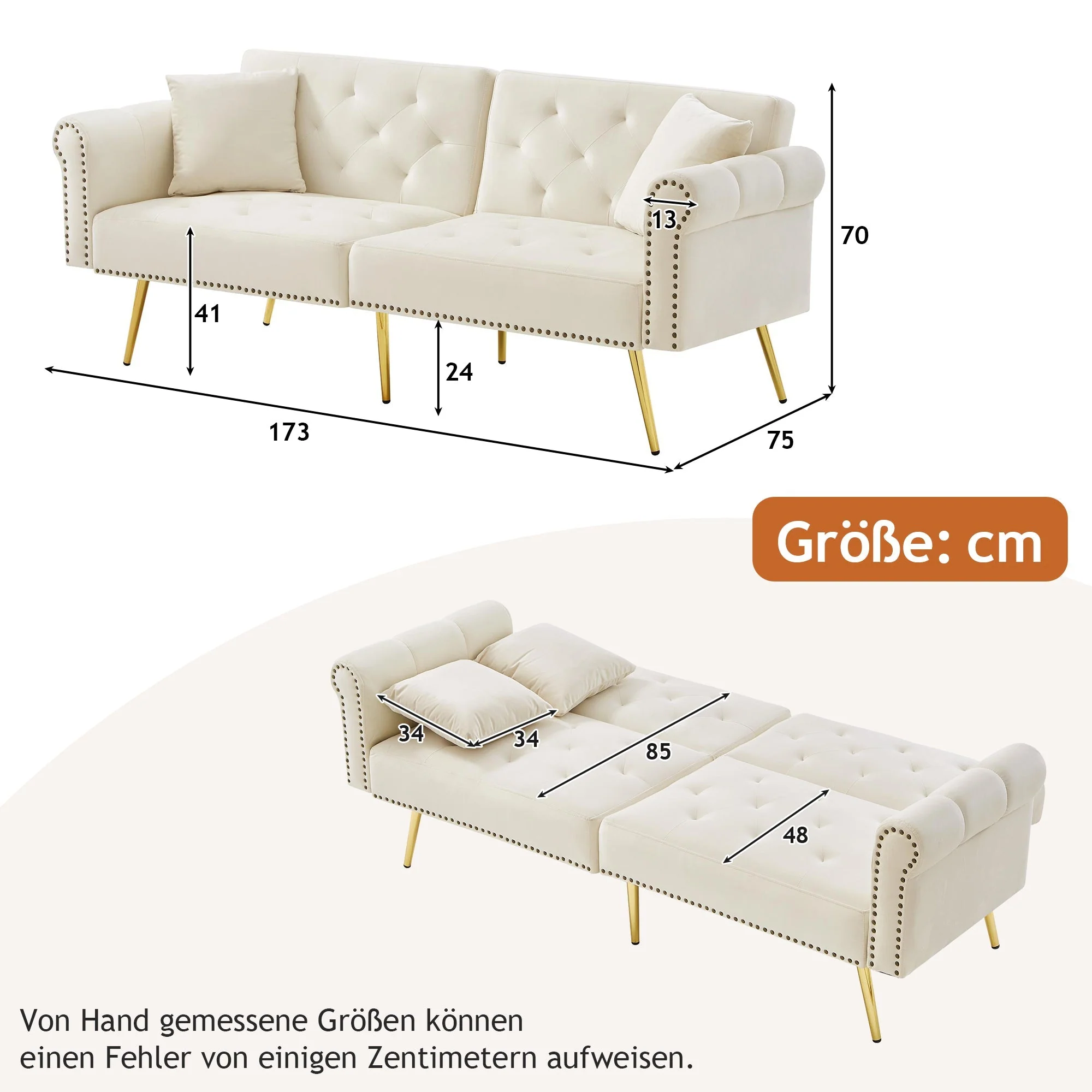 2-Seater Sofa Bed 3-Position Adjustable Back Gold Legs - Velvet - Image 5