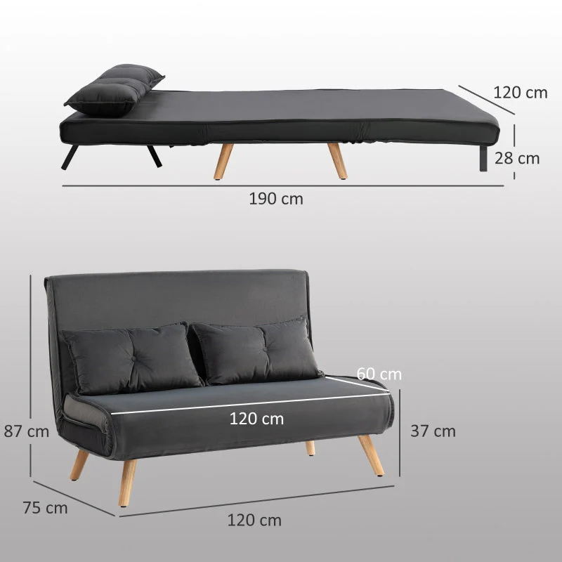 2-Seater Sofa Bed, Adjustable Backrest, Fabric Upholstery, Grey - Image 3