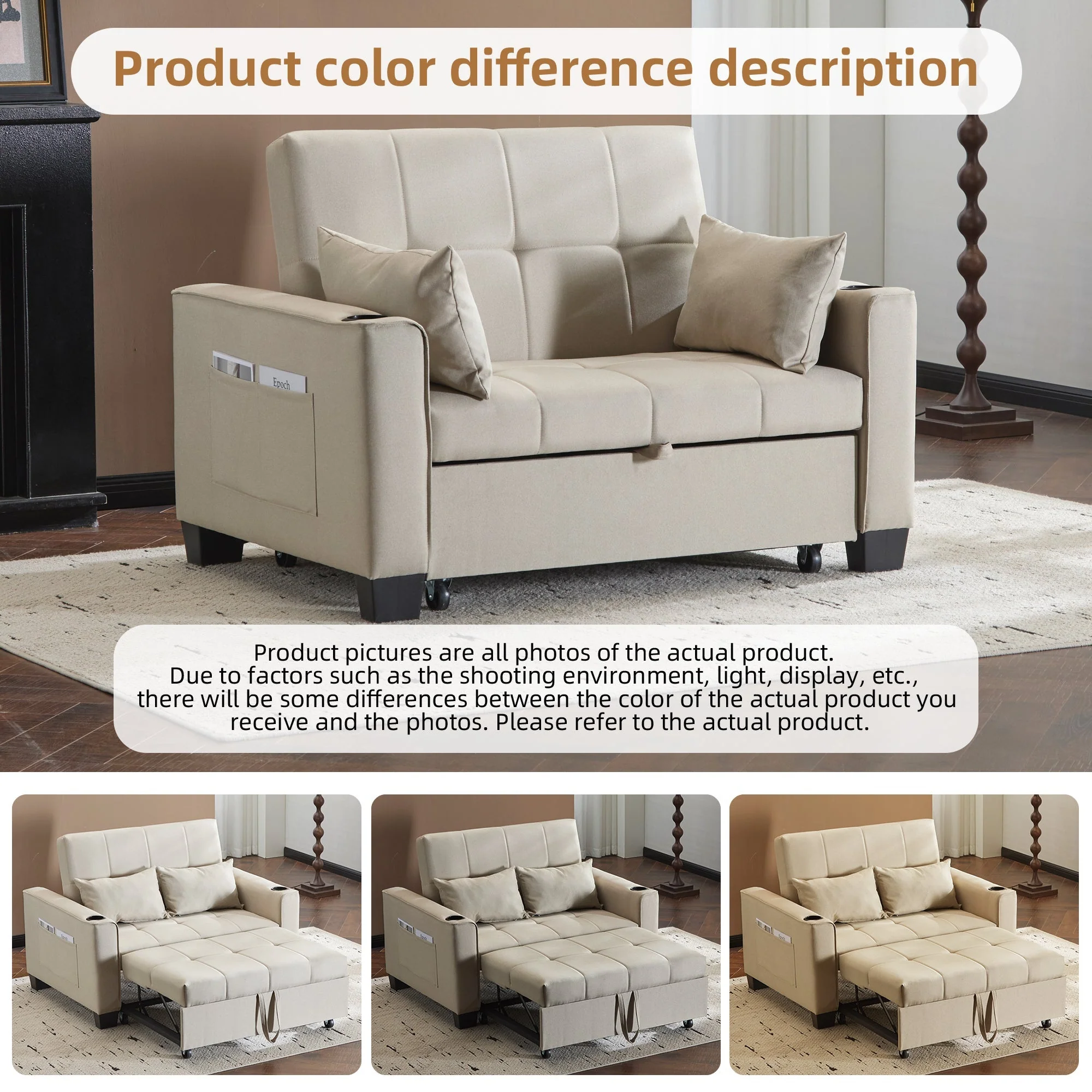 2 Seater Sofa Bed with Cup Holders, Pull Out Sleeper Sofa Convertible, Beige Fabric - Image 2