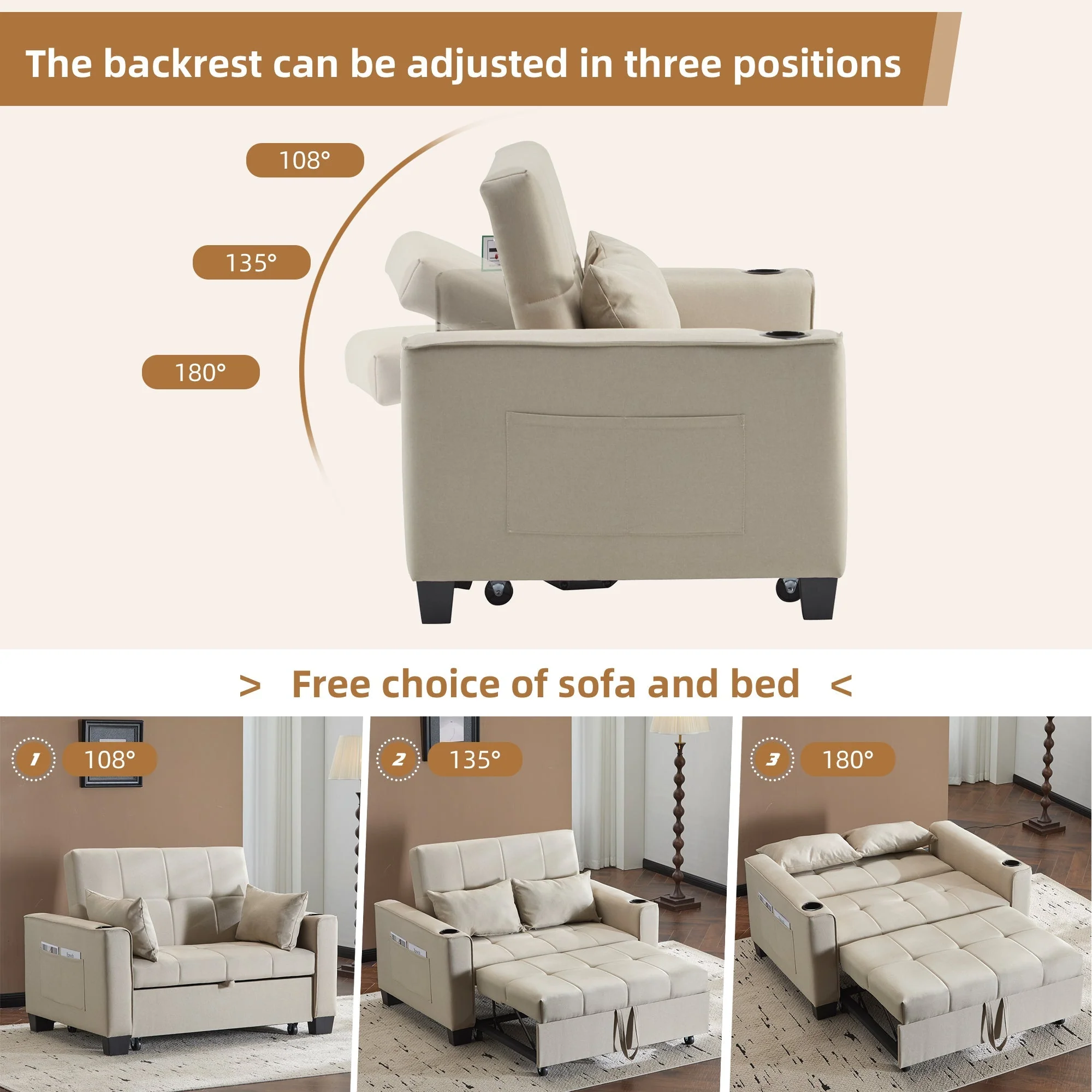 2 Seater Sofa Bed with Cup Holders, Pull Out Sleeper Sofa Convertible, Beige Fabric - Image 3