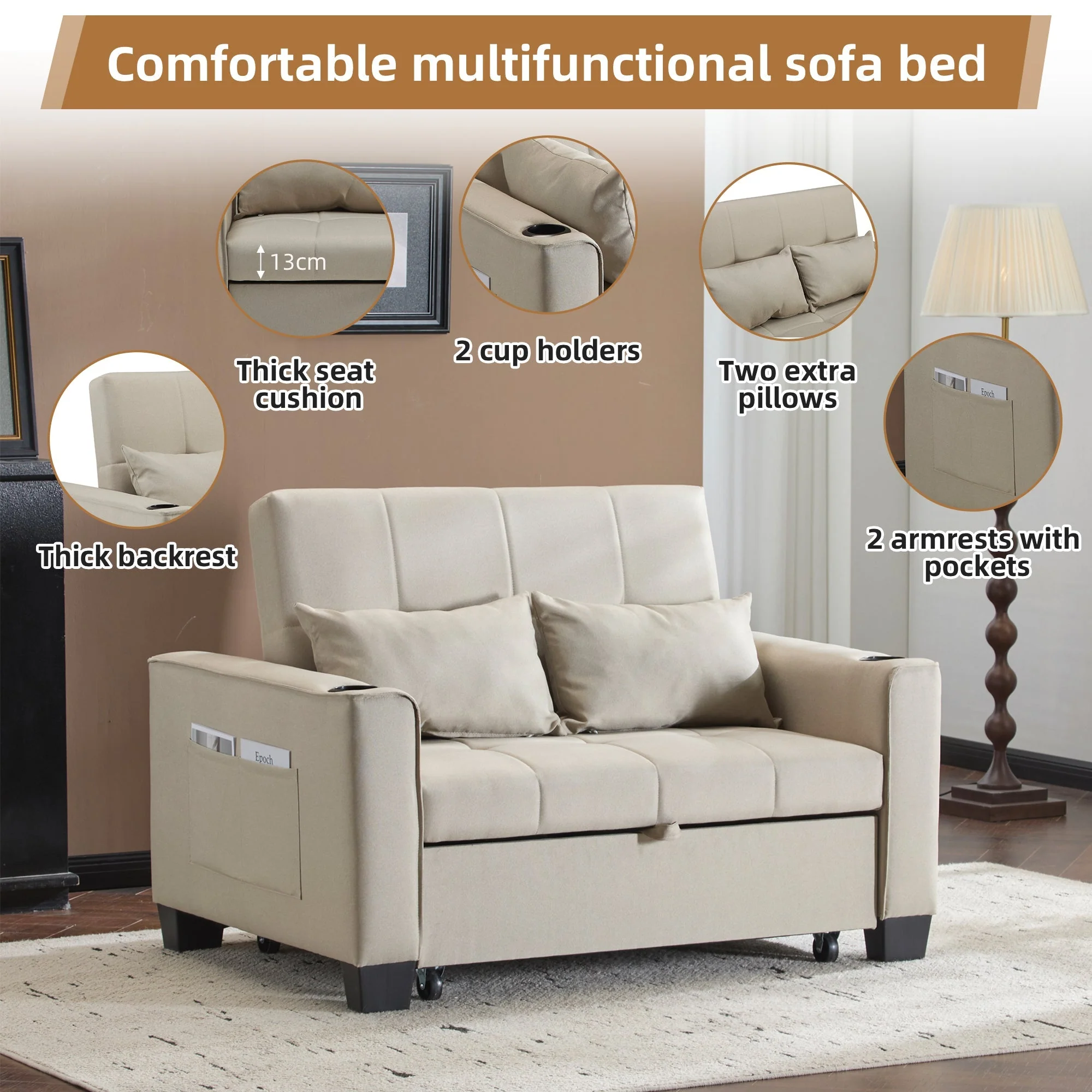2 Seater Sofa Bed with Cup Holders, Pull Out Sleeper Sofa Convertible, Beige Fabric - Image 4