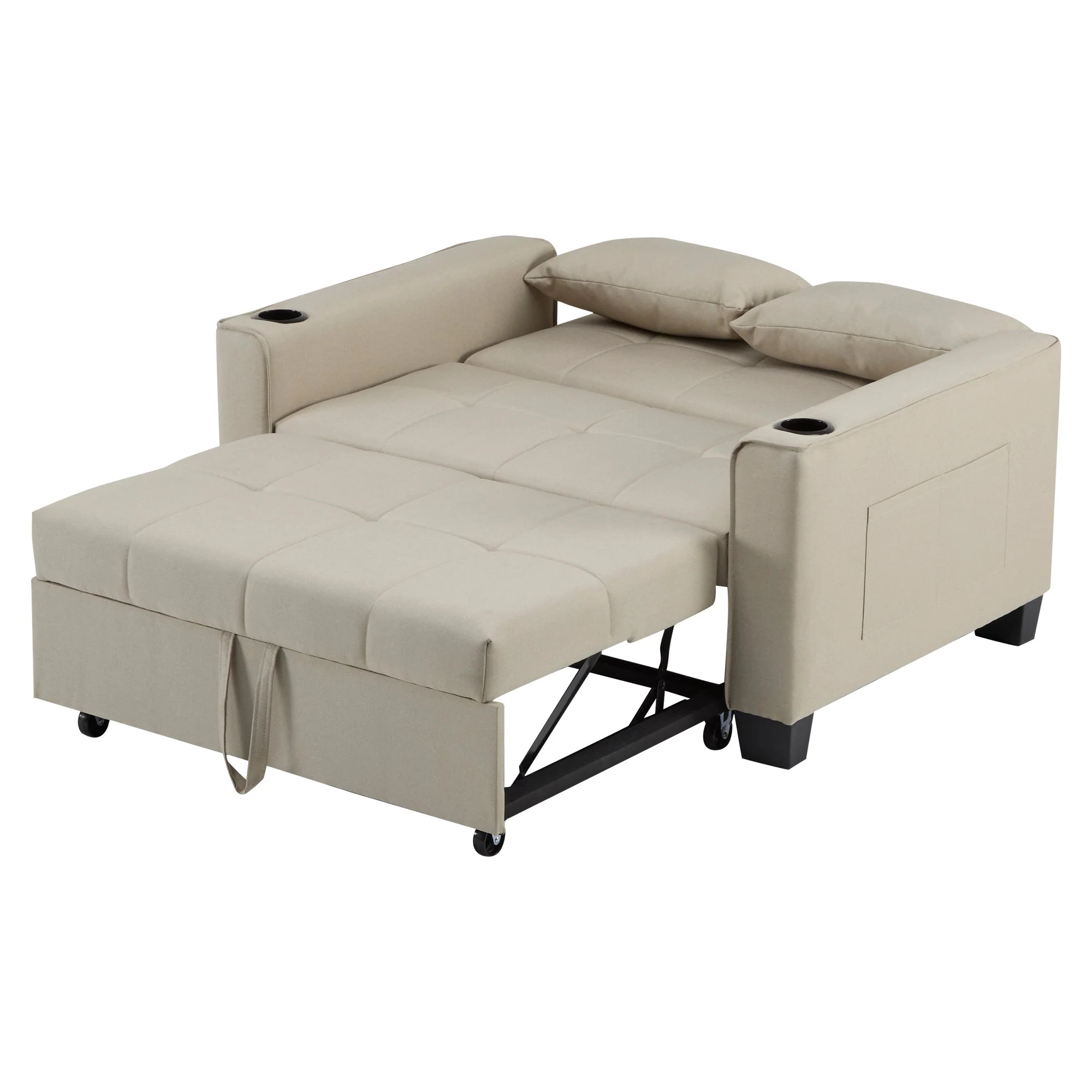 2 Seater Sofa Bed with Cup Holders, Pull Out Sleeper Sofa Convertible, Beige Fabric - Image 5