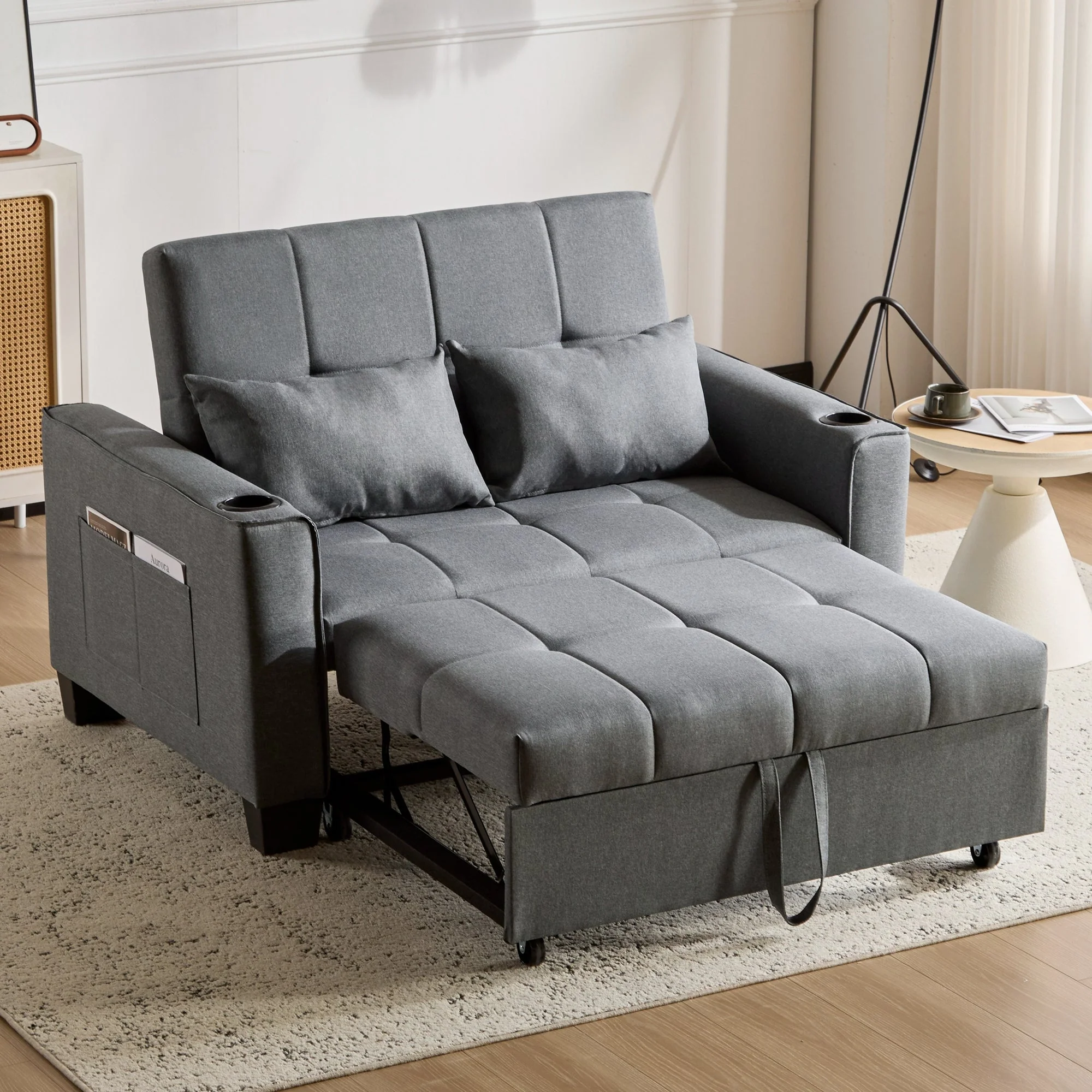 2 Seater Sofa Bed with Cup Holders, Pull Out Sleeper Sofa, Grey Fabric