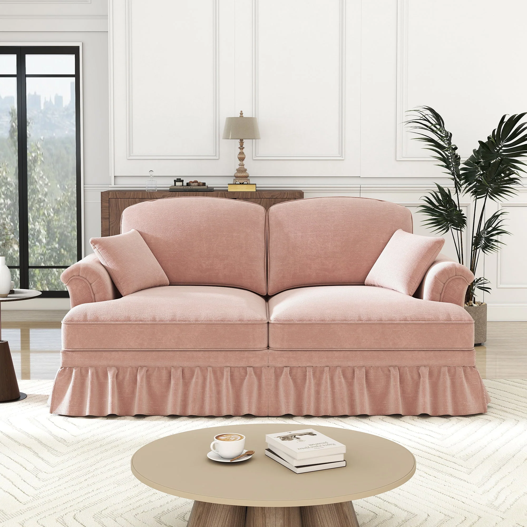 2-Seater Sofa Elegant Mid-Century Flared Armrests - Chenille Pink - Image 4