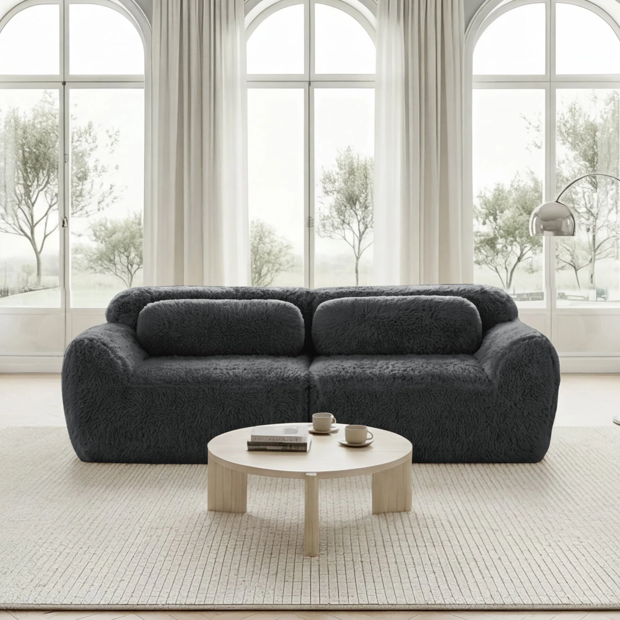 2-seater Sofa Frameless Modular Design Plush Fabric Grey - Image 2