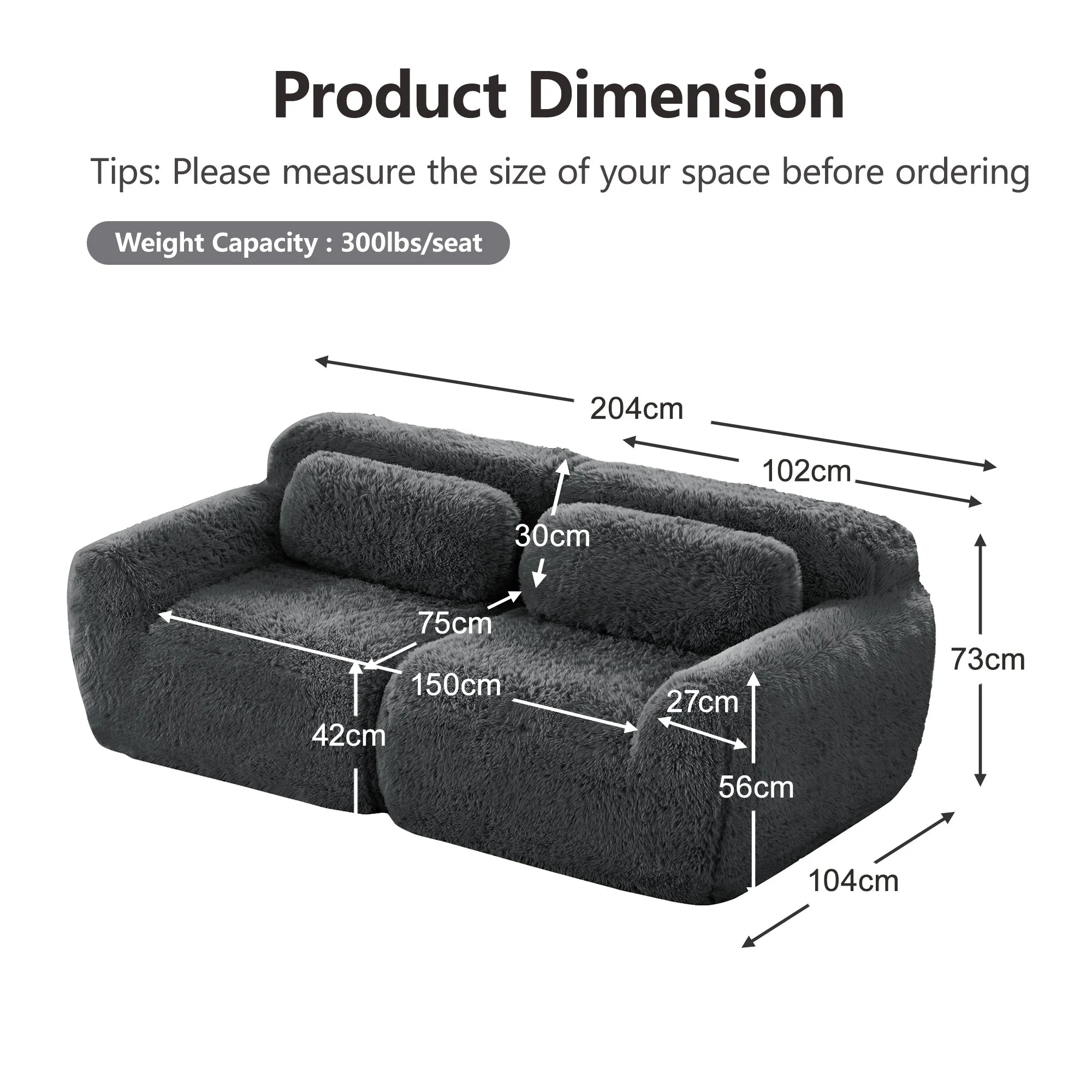 2-seater Sofa Frameless Modular Design Plush Fabric Grey - Image 7