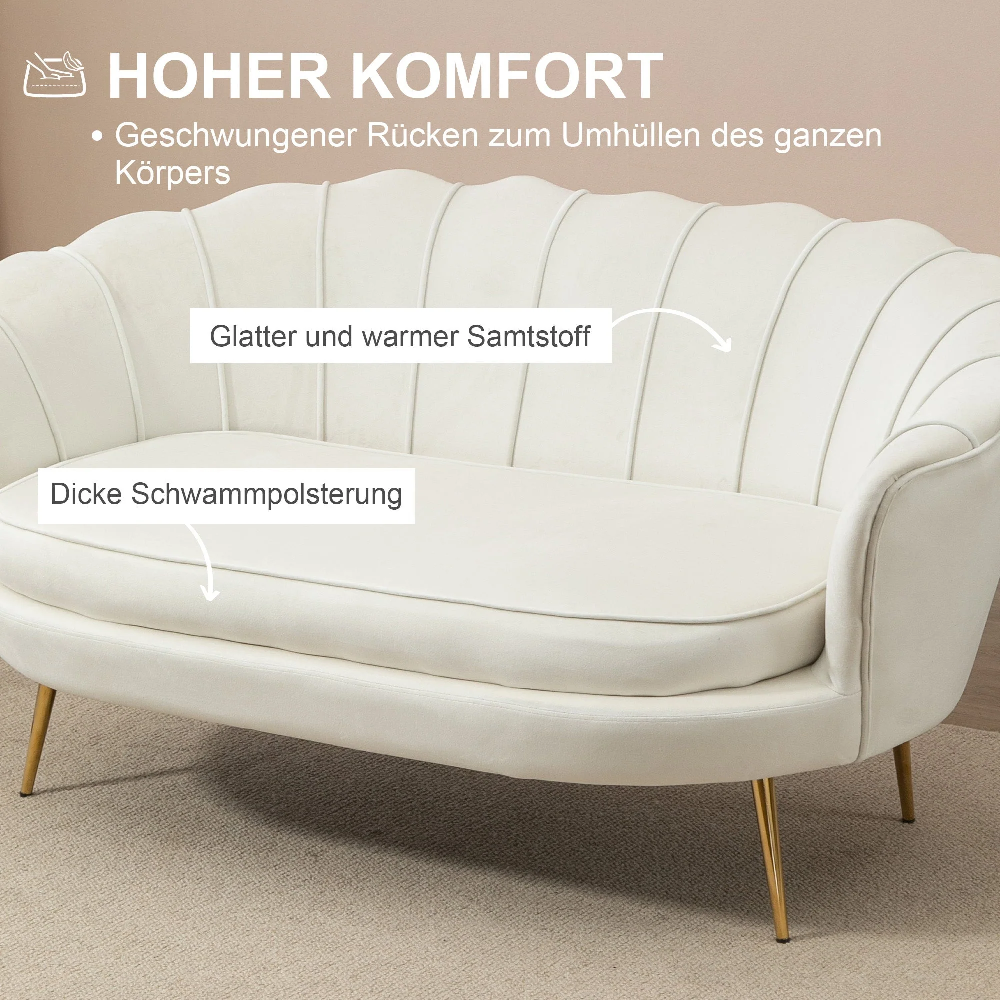 2-Seater Sofa Loveseat Upholstered Armrests Velvet Cream - Image 5