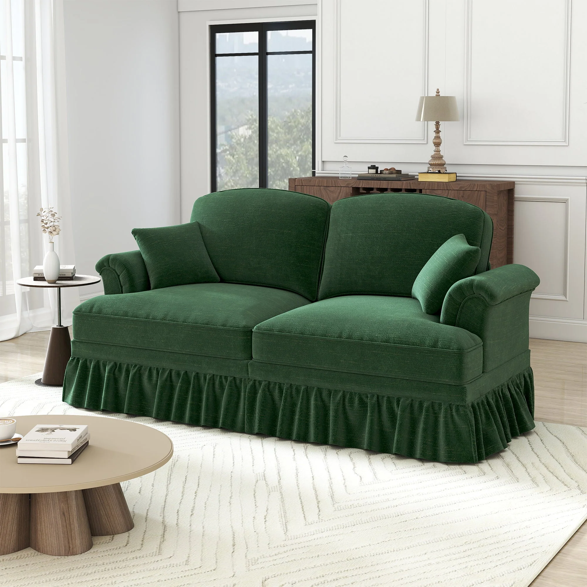 2-Seater Sofa Mid-Century Modern Flared Armrests Wooden Legs - Chenille Green - Image 2
