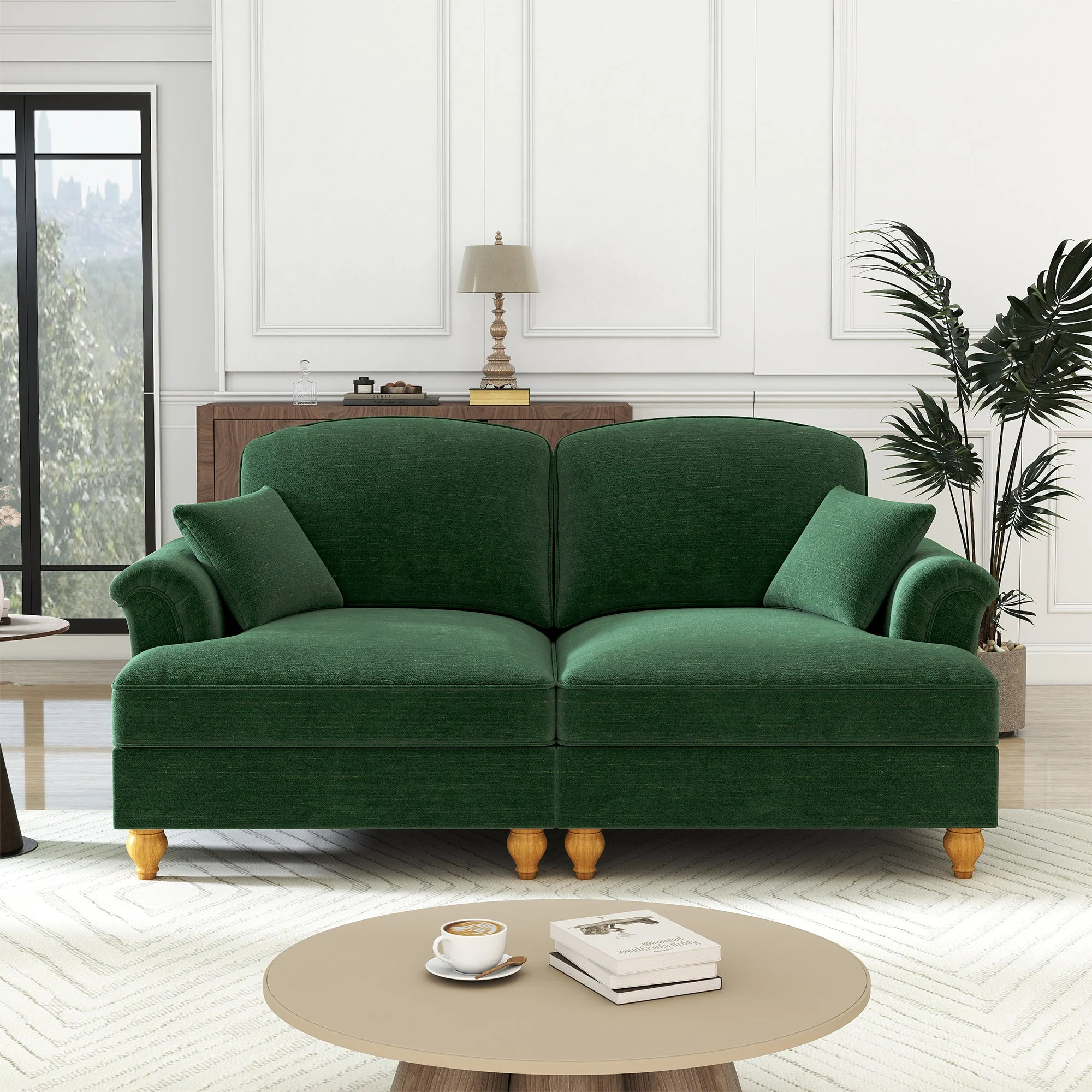 2-Seater Sofa Mid-Century Modern Flared Armrests Wooden Legs - Chenille Green - Image 3