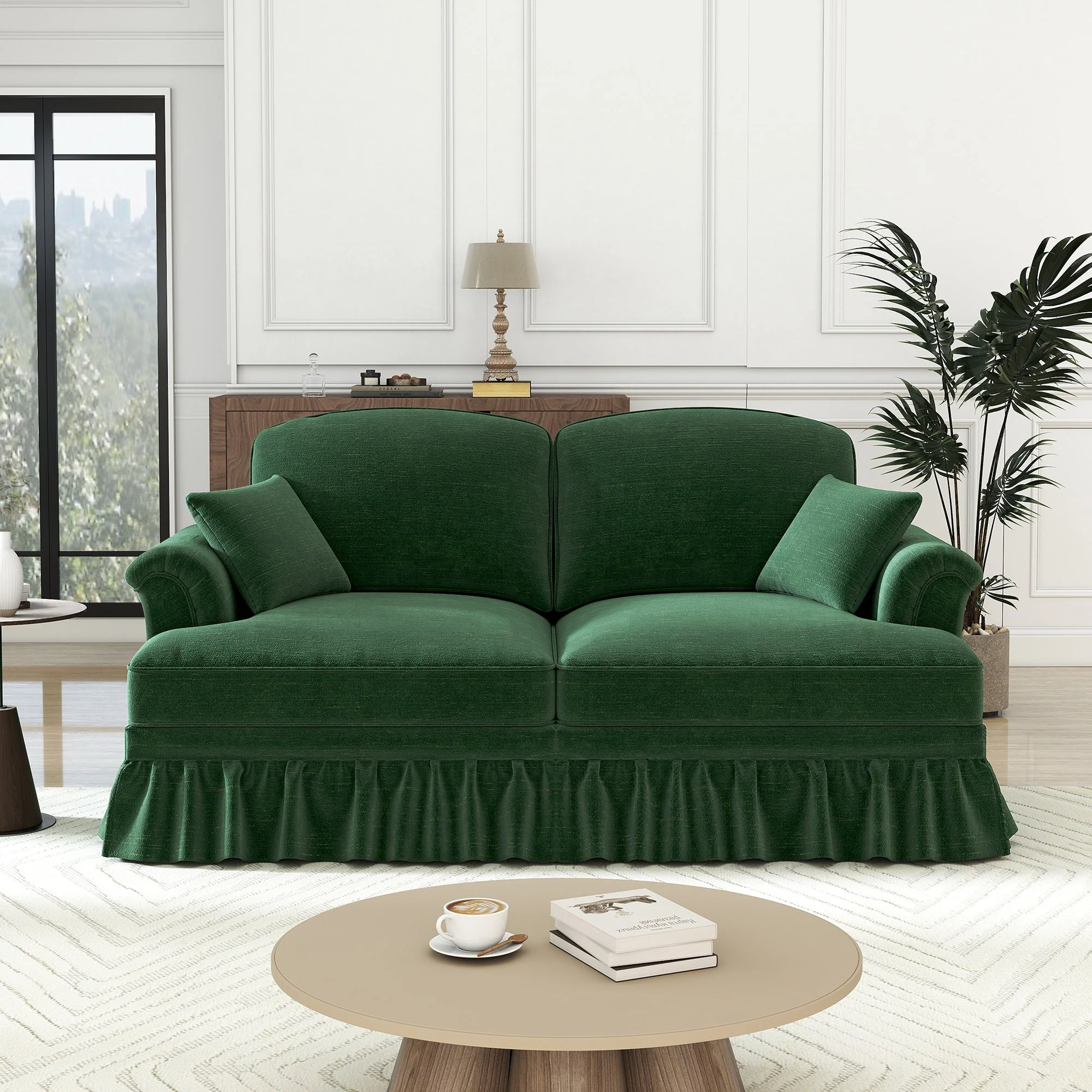 2-Seater Sofa Mid-Century Modern Flared Armrests Wooden Legs - Chenille Green - Image 4