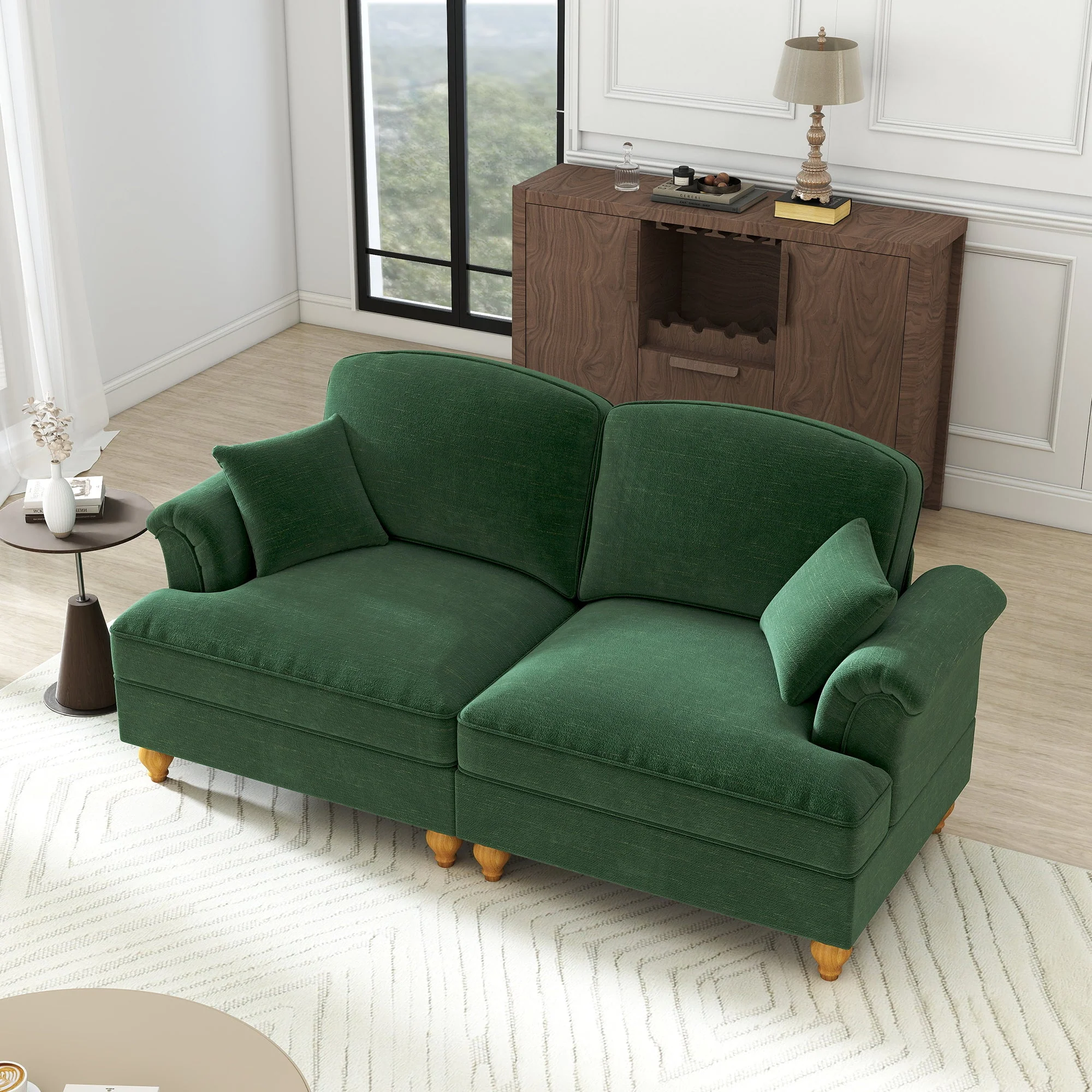 2-Seater Sofa Mid-Century Modern Flared Armrests Wooden Legs - Chenille Green - Image 5
