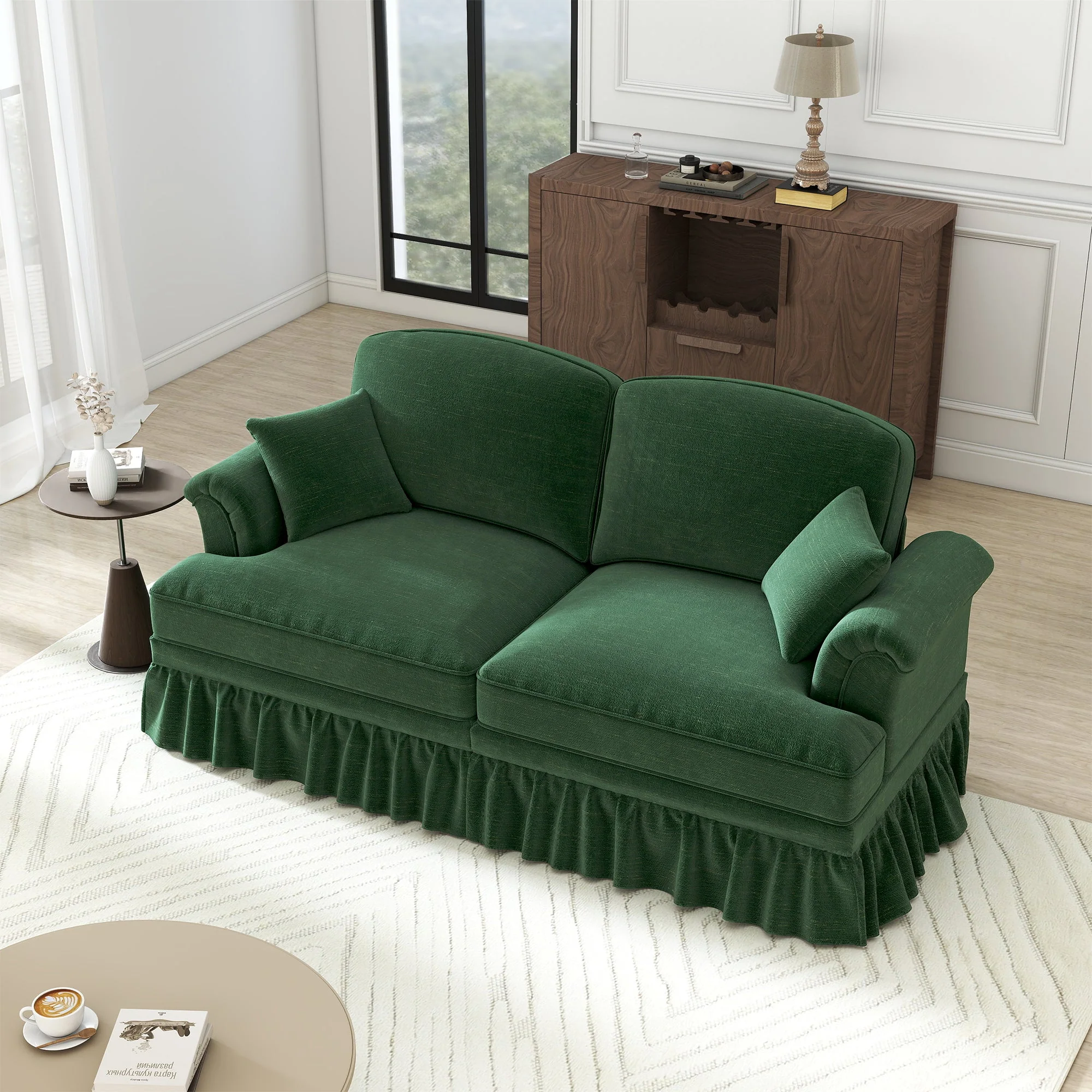 2-Seater Sofa Mid-Century Modern Flared Armrests Wooden Legs - Chenille Green - Image 6