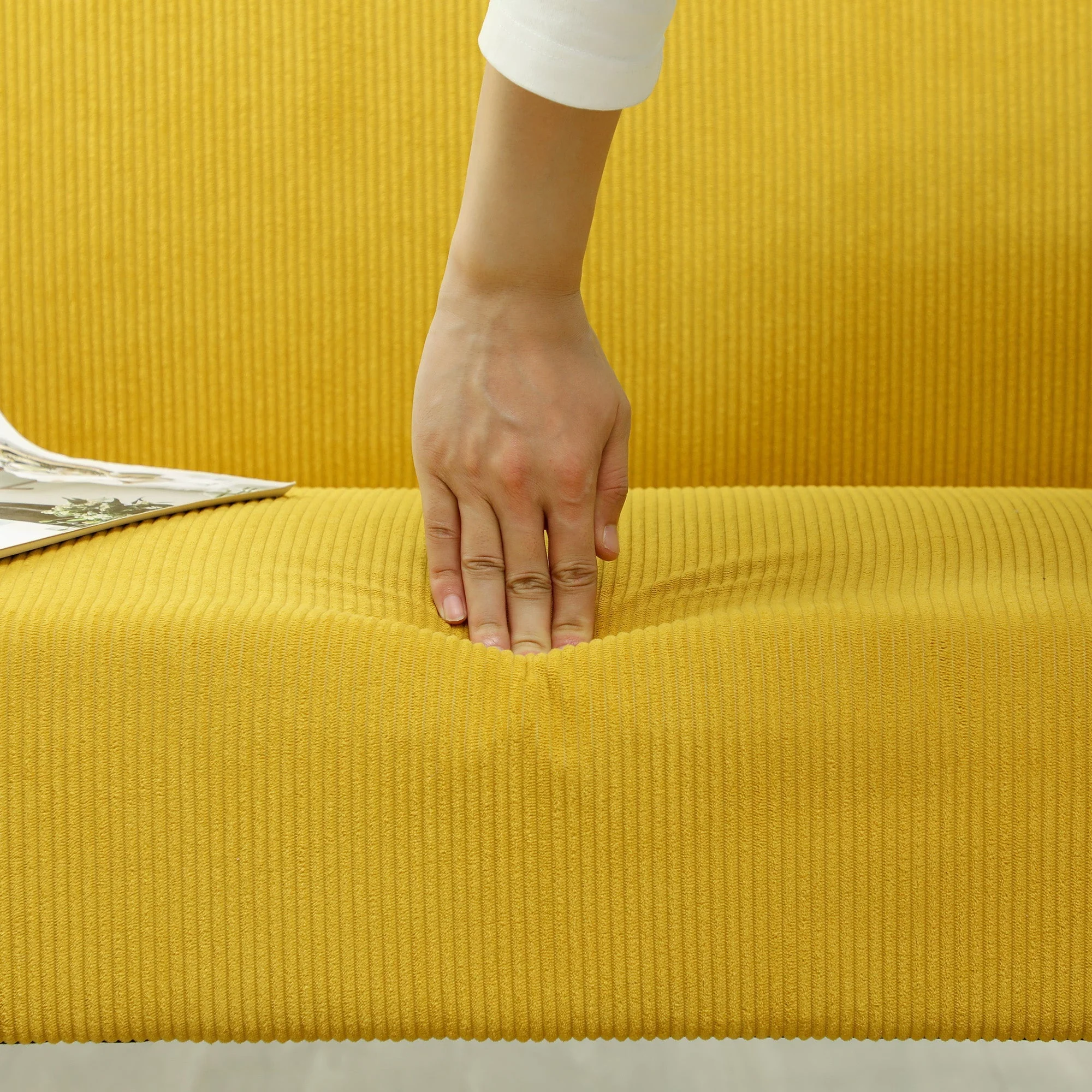 2-Seater Sofa Upholstered Corduroy Wooden Legs, Yellow - Image 7