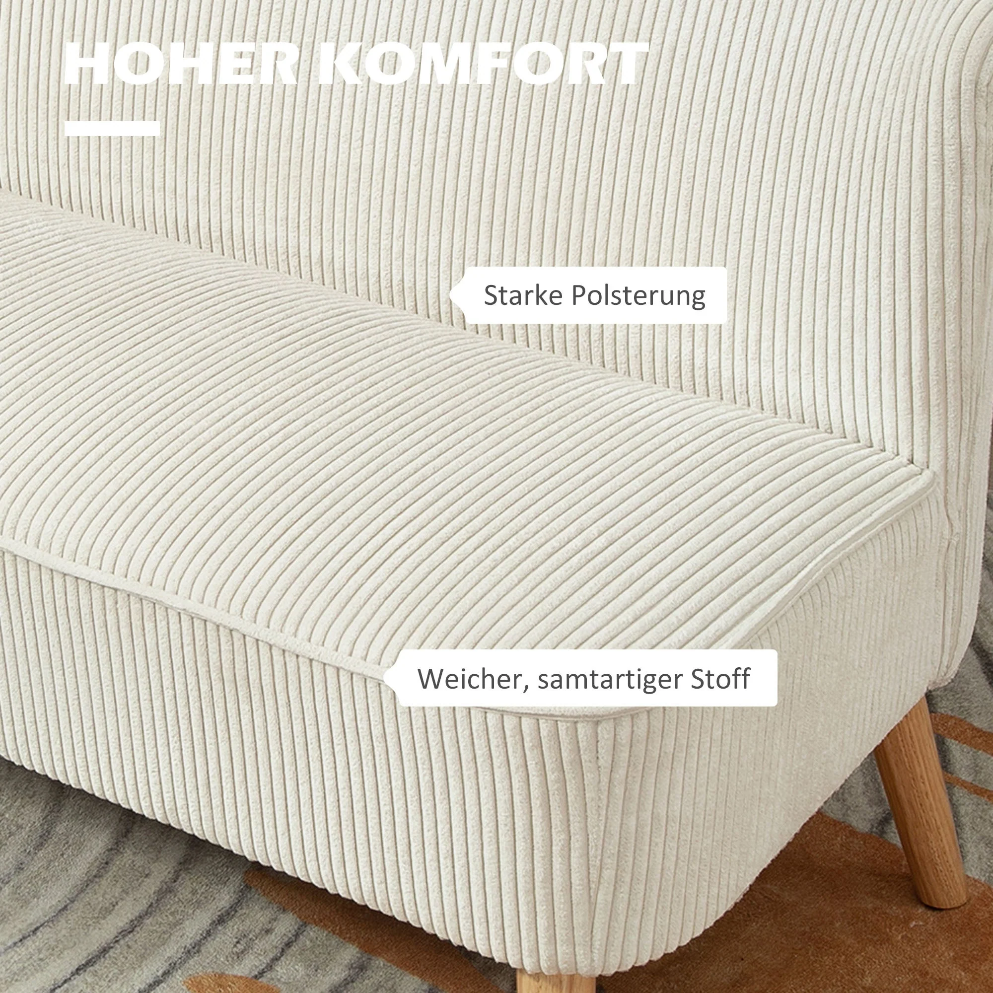 2-Seater Sofa Upholstered Lounge Wooden Legs, Corduroy Cream White - Image 4