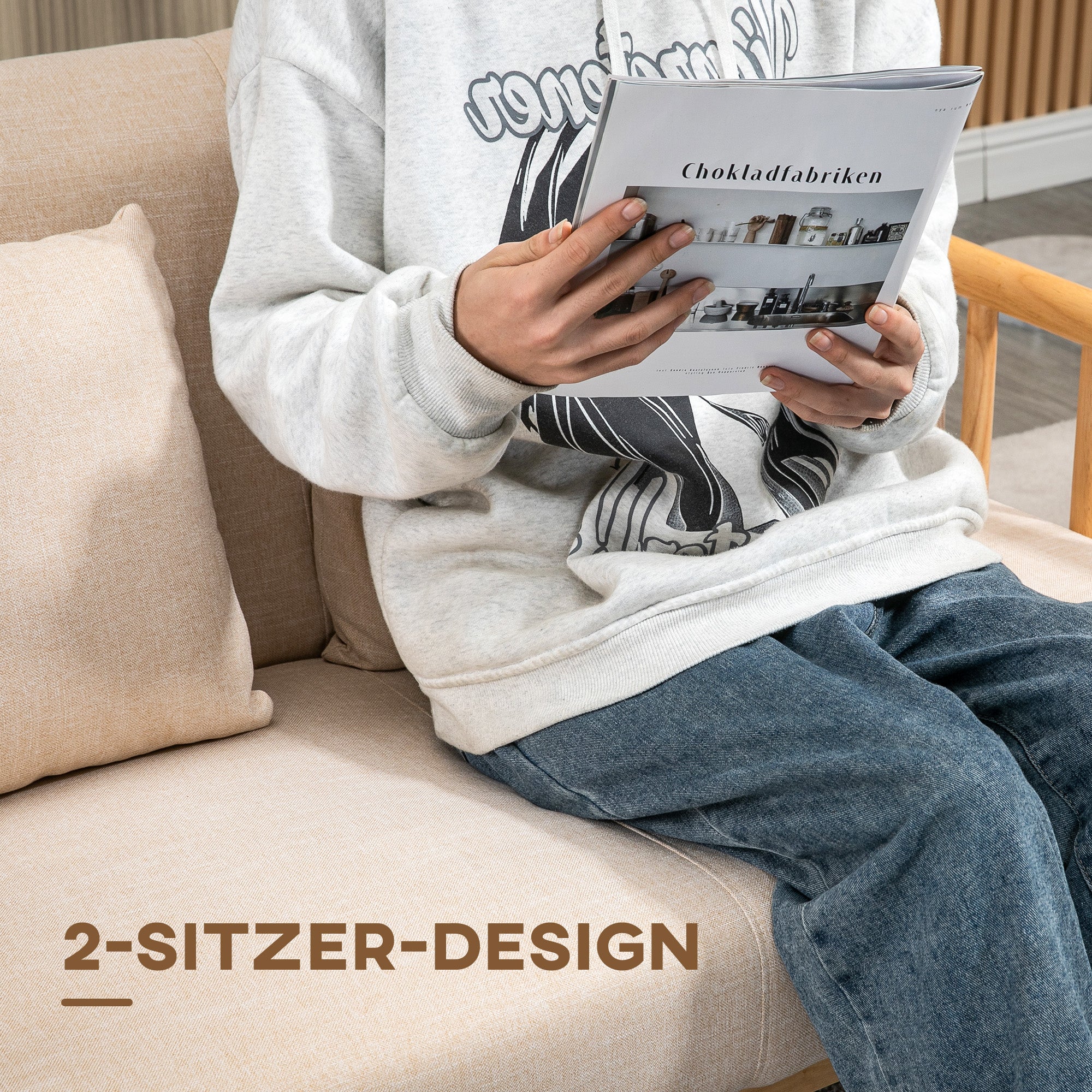 2-Seater Sofa - Upholstered Lumbar Cushions Wooden Frame Small Spaces - Linen Look Beige - Image 6