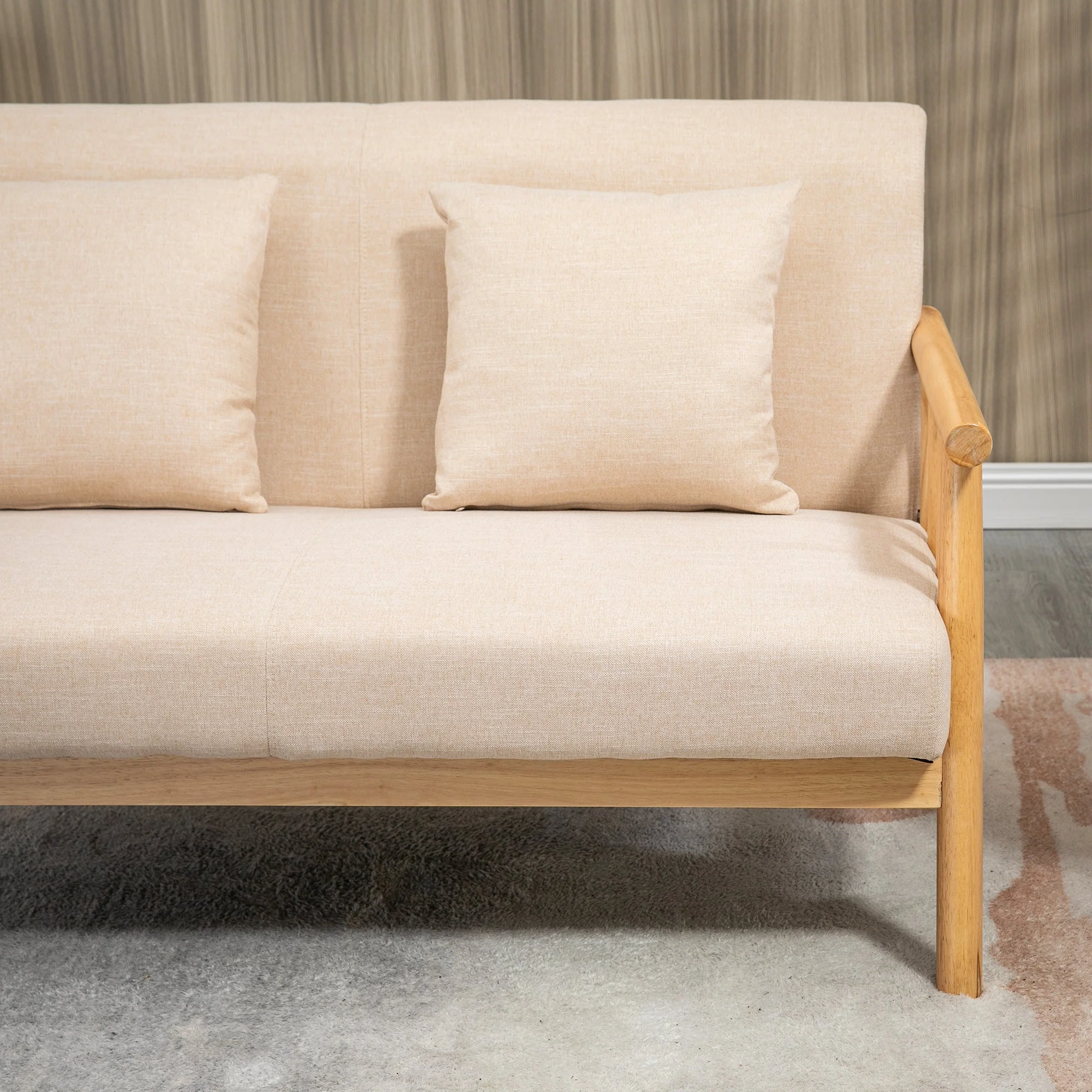 2-Seater Sofa - Upholstered Lumbar Cushions Wooden Frame Small Spaces - Linen Look Beige - Image 7