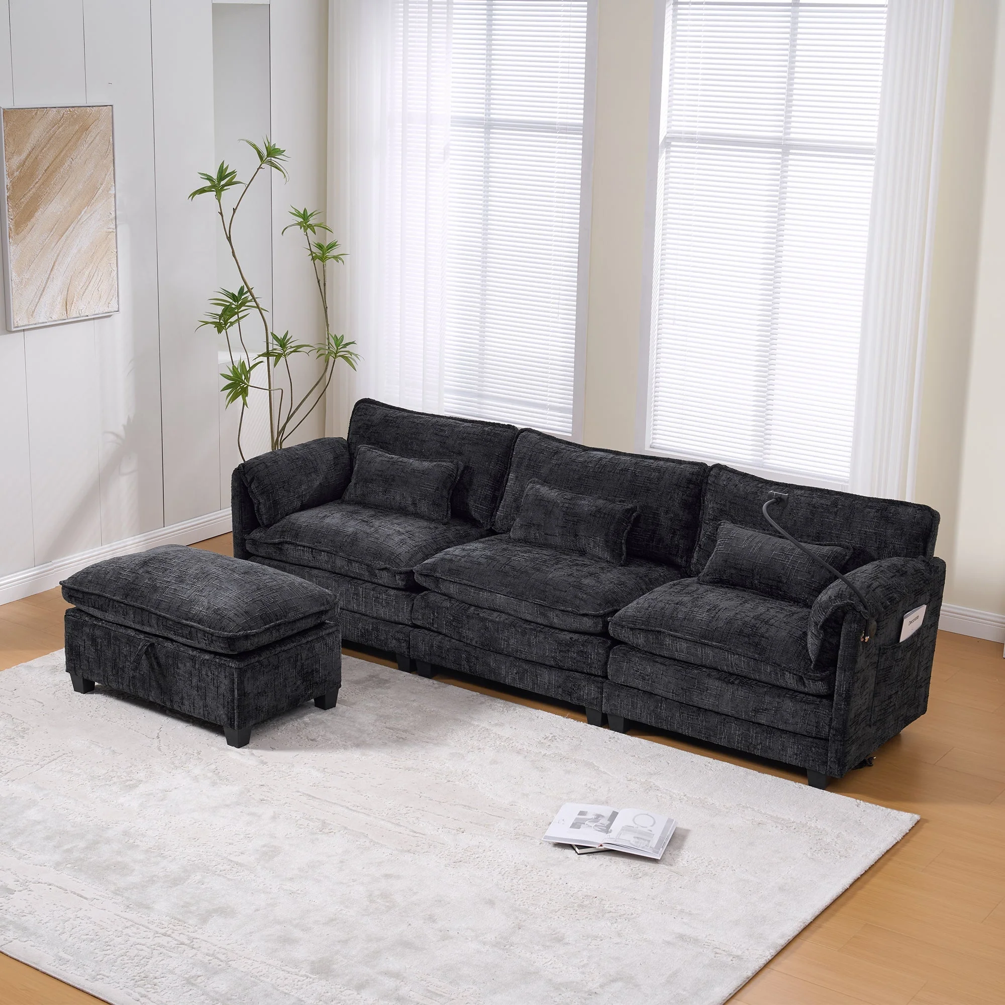 2-Seater Sofa USB Port Modular Footstool - Chenille Black - Image 10