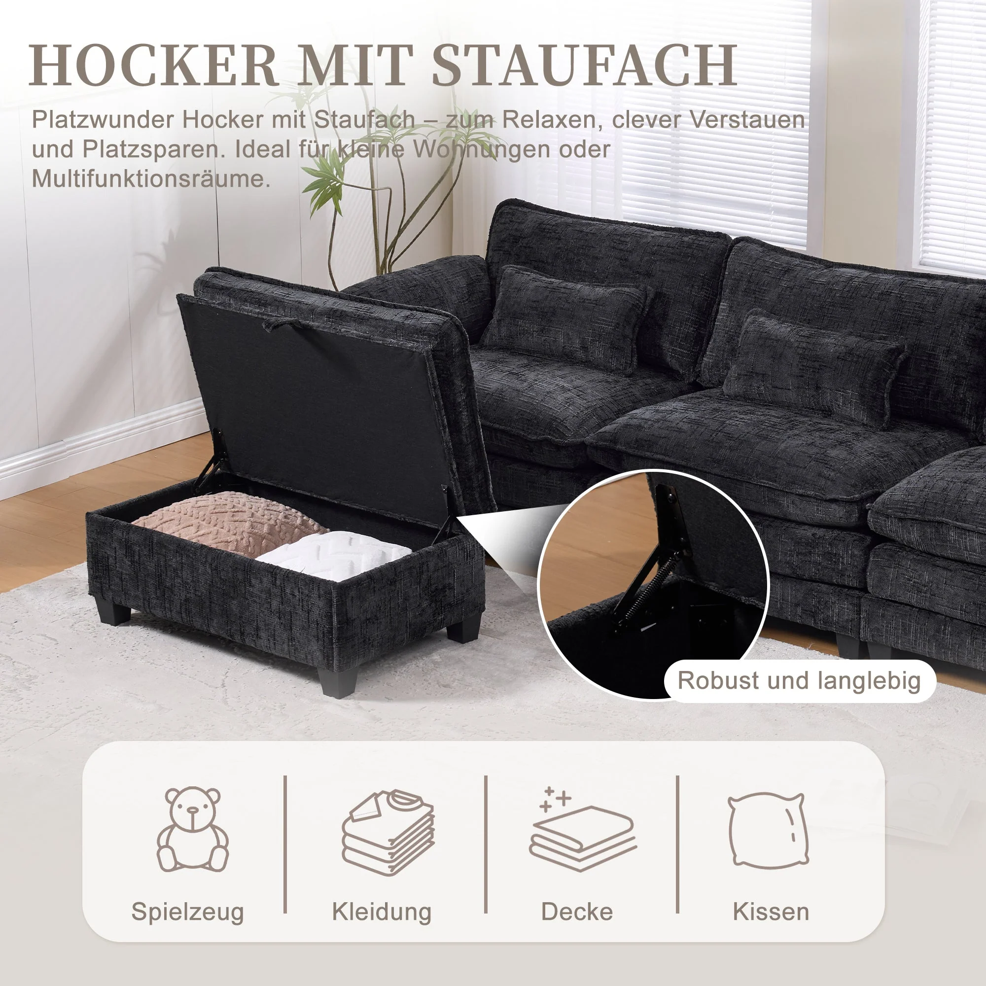 2-Seater Sofa USB Port Modular Footstool - Chenille Black - Image 6