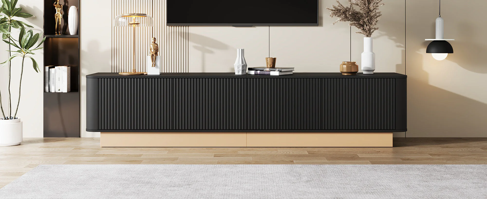 200cm TV Lowboard with 4 Doors and Adjustable Shelves, Modern Minimalist Style, MDF Material - Image 7