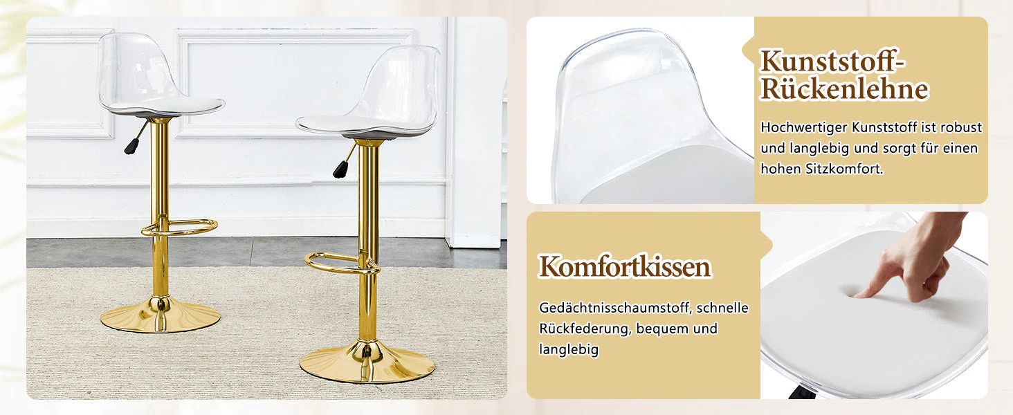 2er-Set Barhocker Höhenverstellbar 360° Drehbar Transparente Rückenlehne - Gold Metall - Image 10