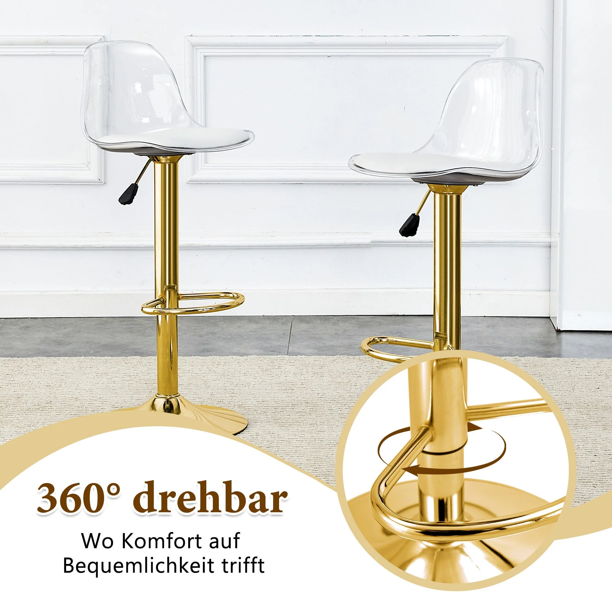 2er-Set Barhocker Höhenverstellbar 360° Drehbar Transparente Rückenlehne - Gold Metall - Image 6
