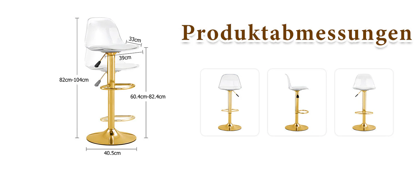 2er-Set Barhocker Höhenverstellbar 360° Drehbar Transparente Rückenlehne - Gold Metall - Image 8