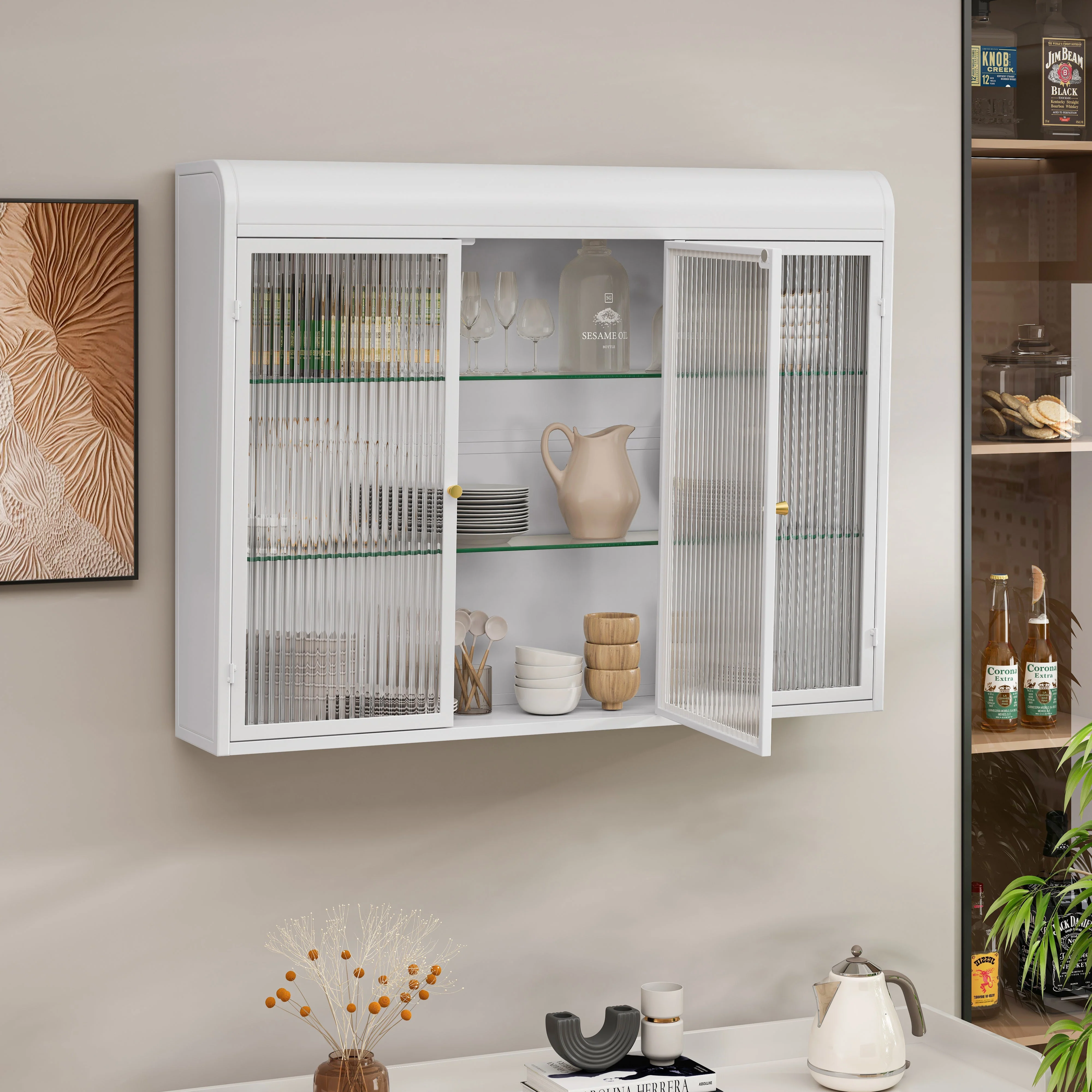 3 Door Arched Wall Mounted Cabinets for Kitchen, Living Room, Bathroom, White Glass - Image 3