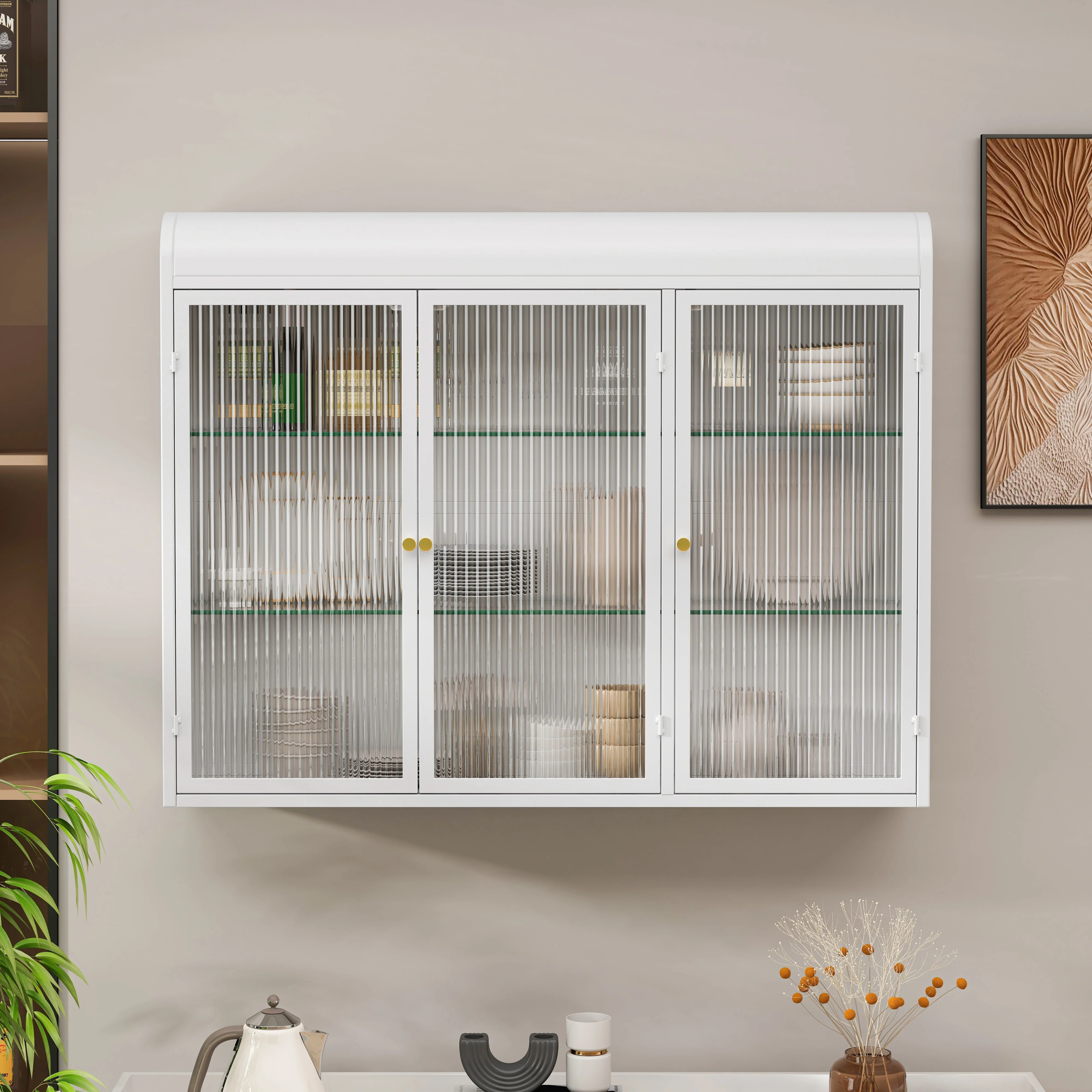 3 Door Arched Wall Mounted Cabinets for Kitchen, Living Room, Bathroom, White Glass - Image 4