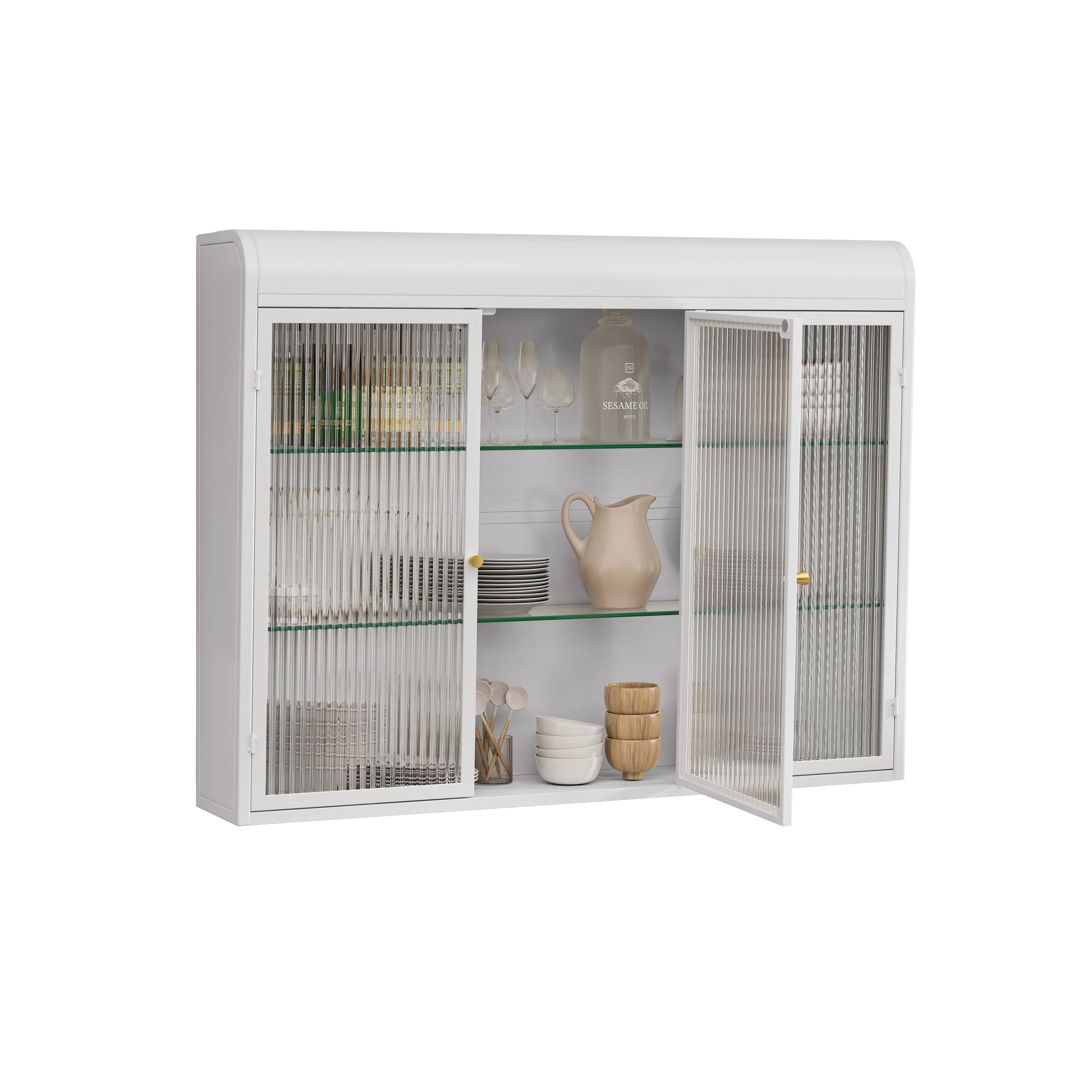 3 Door Arched Wall Mounted Cabinets for Kitchen, Living Room, Bathroom, White Glass - Image 5